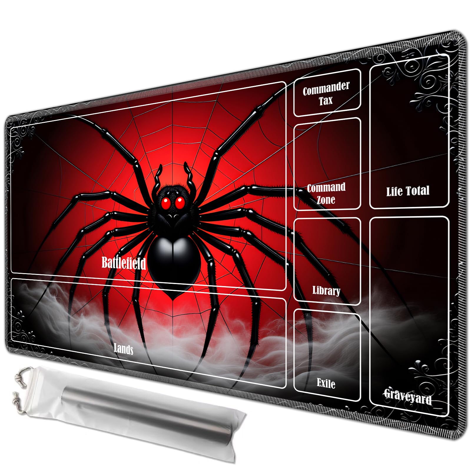 JANENFNA Playmat 24" x 14" with Magic Zones for MTG Card Game Playing, Board Game Mat for Card Breaking Commander Deck Gaming Card Game Battles Mat with Storage Bags, Red Spider