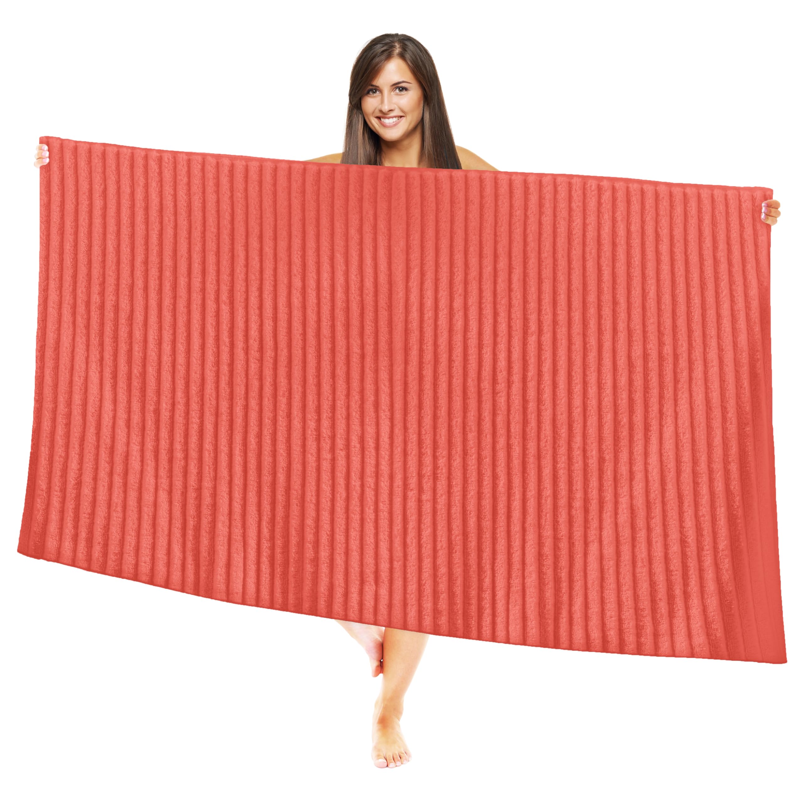 Elegant Comfort 100% Turkish Cotton Corduroy Ribbed Luxury Jumbo Bath Towel Ultra Soft - 35 x 70 Inch - Luxury Spa Premium Hotel Quality Highly Absorbent and Quick Dry Large Bath Towel, Coral