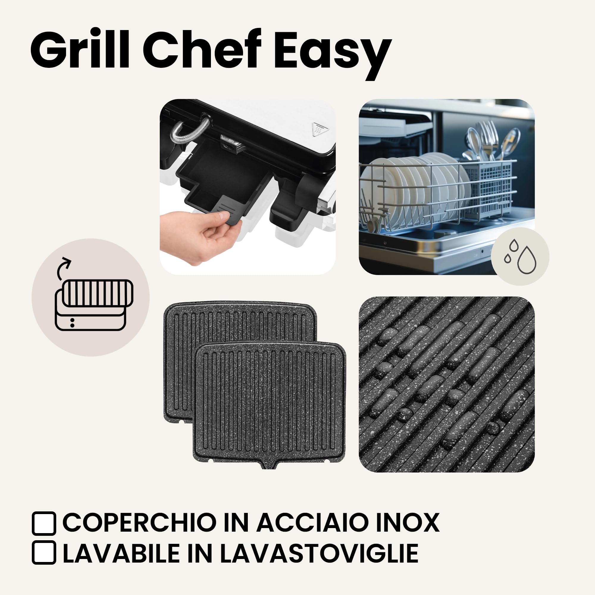 Zeegma Grill Chef Easy - Grill Elettrico 2 in 1 e Tostapane Panini, Potenza 2000W, Superficie Antiaderente in Ceramica, Regolazione Temperatura e Inclinazione, Piastre Removibili Lavabili in Lavastovi