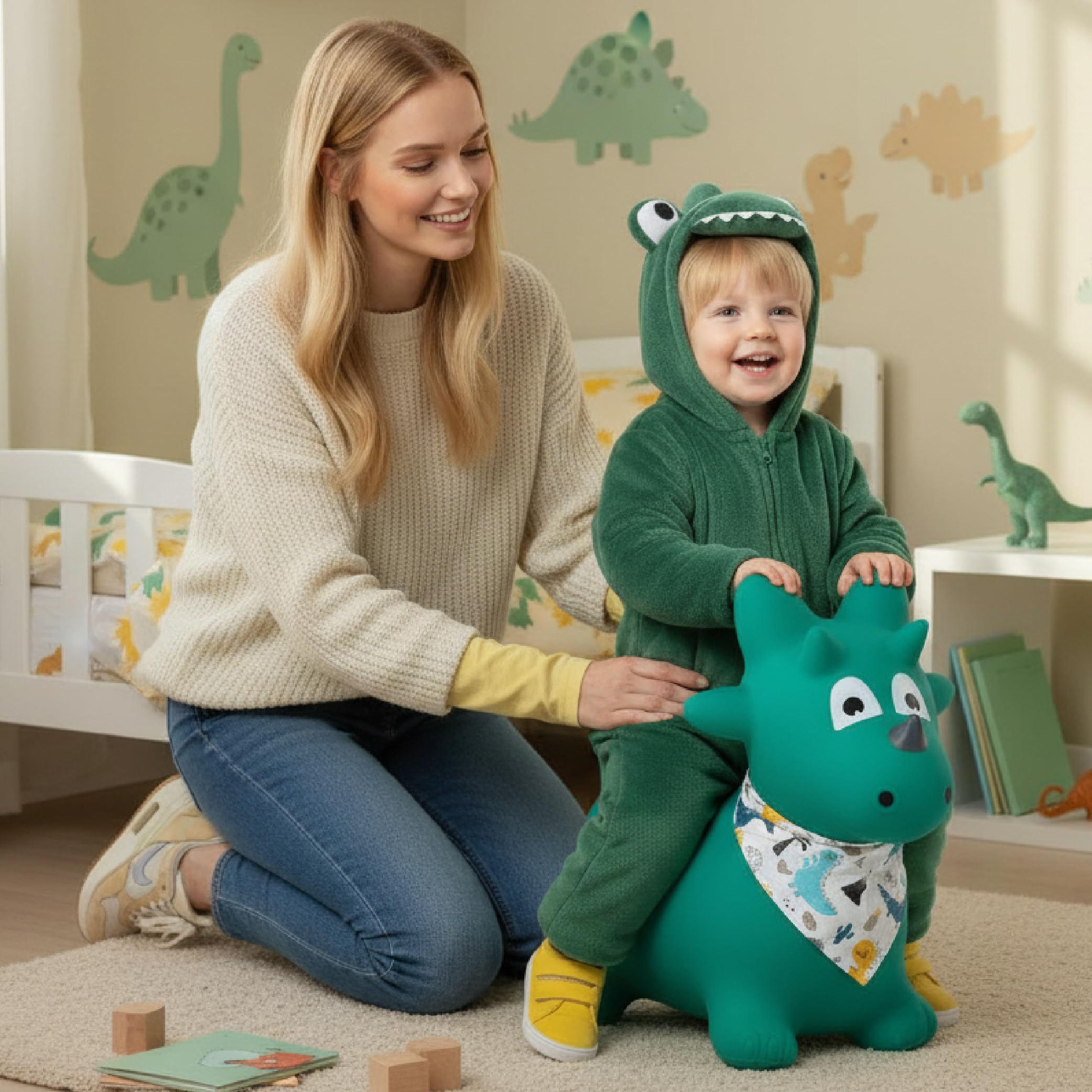 sun baby Animale Gonfiabile Che Salta, Giocattolo di 1 Anno, Saltarello per Bambini, Design ergonomico, Cavallo Giocattolo, Pompa Manuale Inclusa (Dino Verde con Bandana)