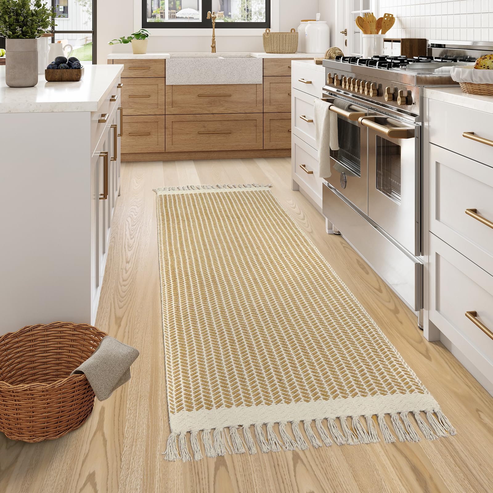 Lahome Boho-Läufer für Flur, 5x15 cm, Waschraumteppich, leichter Eingangsläufer, gewebte Baumwolle, Überwurfmatte mit Quasten, Bauernhaus, Niederflor-Läufer für Küche und Badezimmer, Khaki