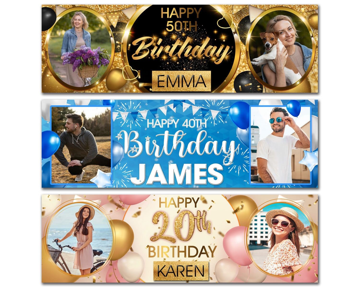 Personalised Happy Birthday Photo 1ftx3ft Banner Custom Photo Name Age Poster Kids Gold Black Party Banner Gift Decoration-18th 20th 30th 40th 50th 60th 70th