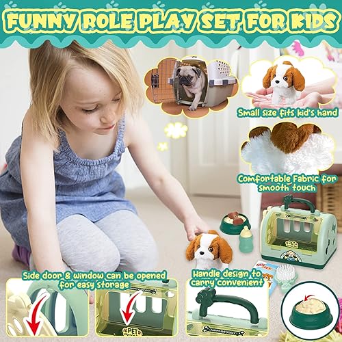 Miniatura 5 de TEUVO Set de juego de cuidado de mascotas Robot Perro Juguetes para niños, 12 piezas Juguetes para juego de simulación de alimentación, camina,