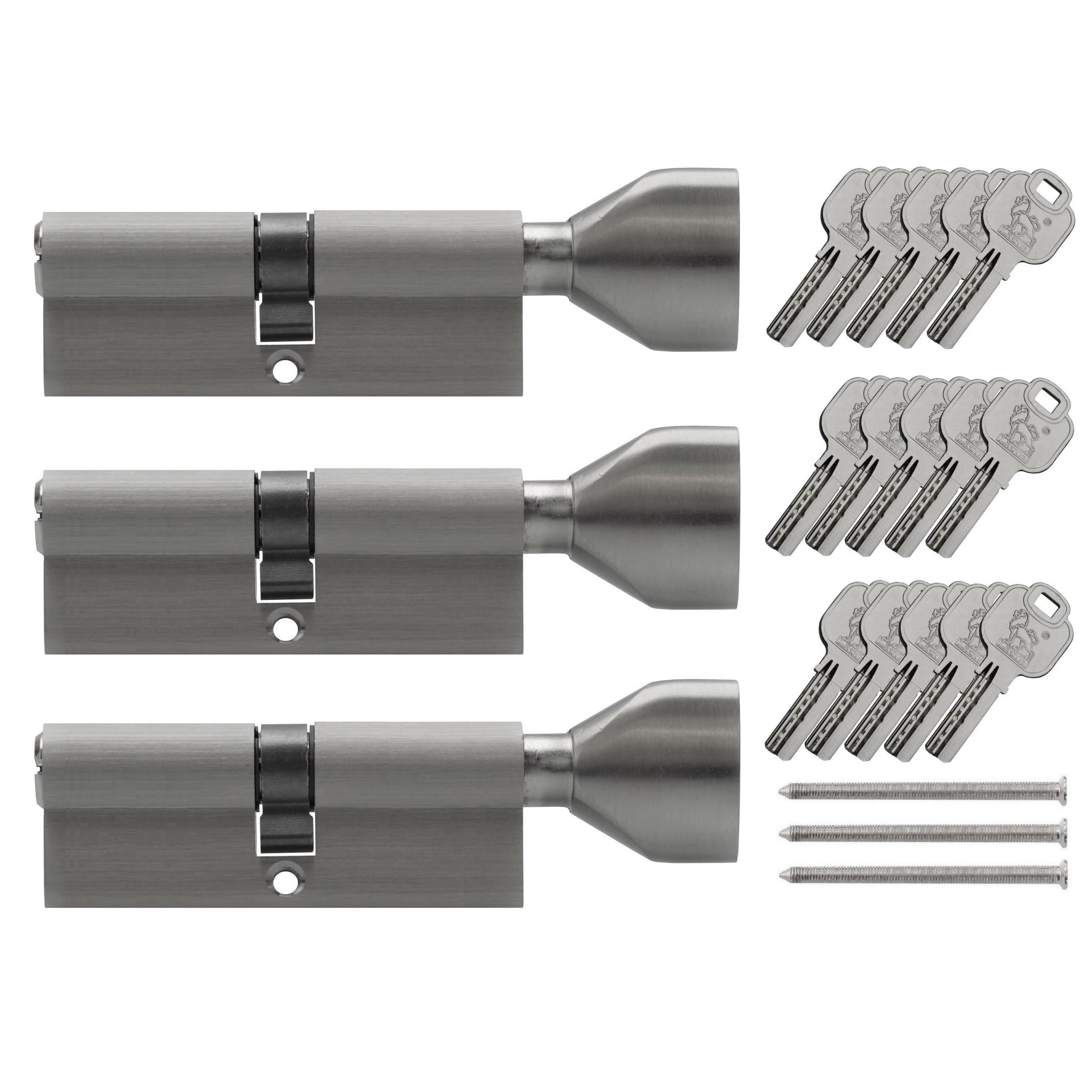 3x thumb turn knob euro cylinder locks 40/40mm, keyed alike, with 15 reversible keys (40x40) (KSN)