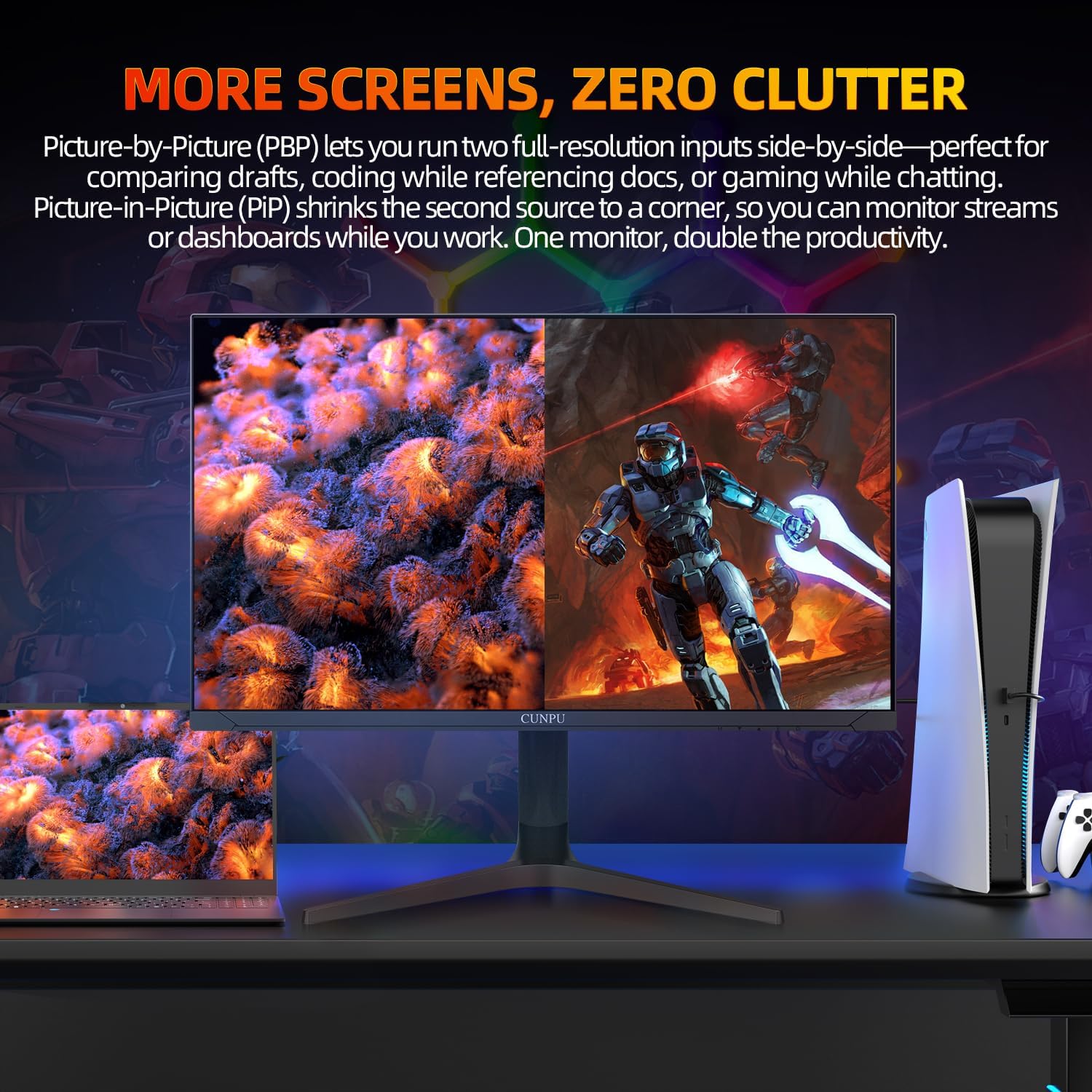 Monitor displaying two sources side-by-side (PBP)