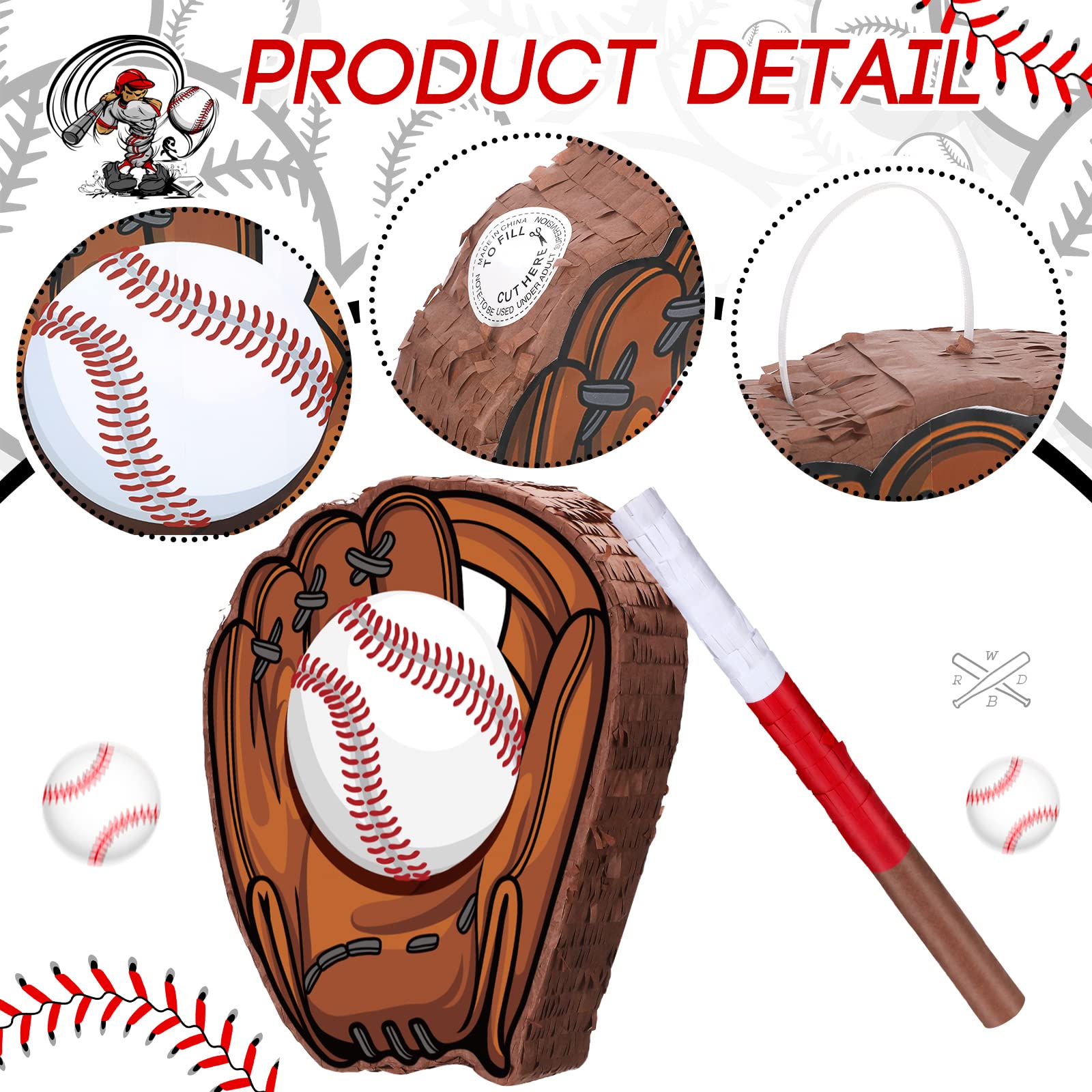 Baseball Small Pinata with Blindfold Bat for Birthday Party Softball