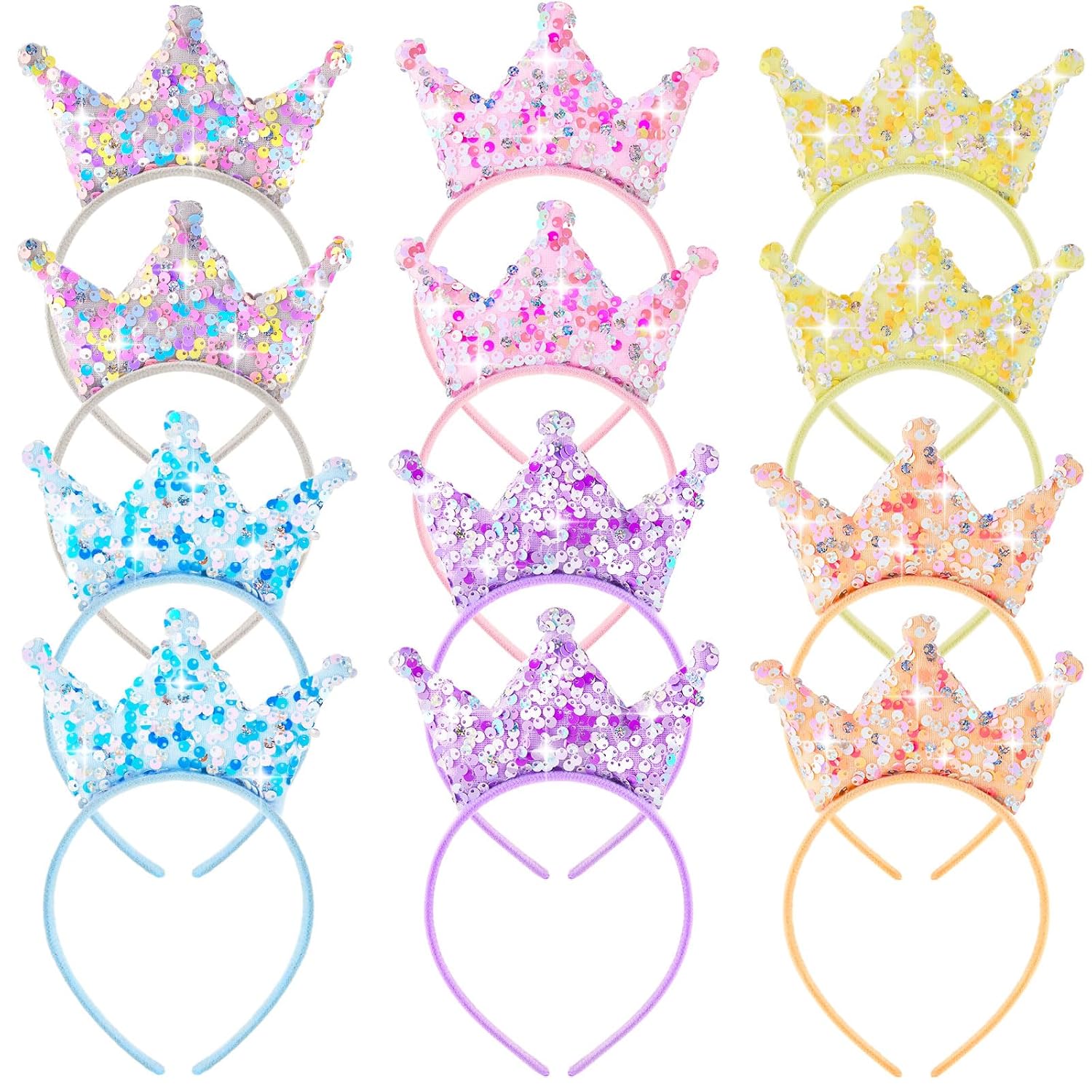 Juexica 12 Pack Princess Party Favors Princess Crowns Headband Decorations Glitter Sequin Headband for Birthday Proms Gifts(Multi Colors,Sequin)