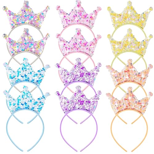 Juexica Paquete de 12 diademas de princesa para fiestas, coronas de princesa, diadema de lentejuelas con purpurina para regalos de cumpleaños