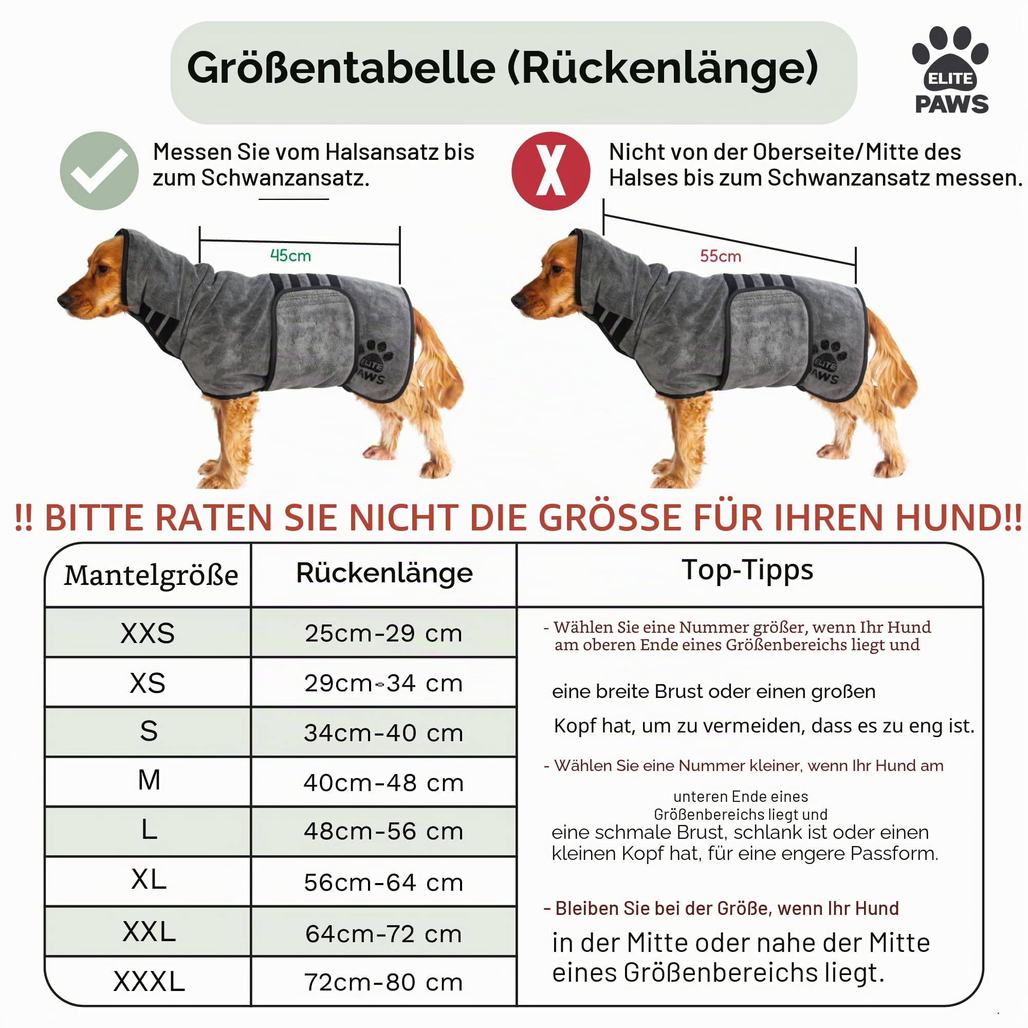 Elite Paws Luxuriöser Hunde-Trockenmantel, dicker und weicher als Bademäntel, trocknet in 20–30 Minuten, super saugfähige Mikrofaser, begrenzt Unordnung, bedeckt Ohren