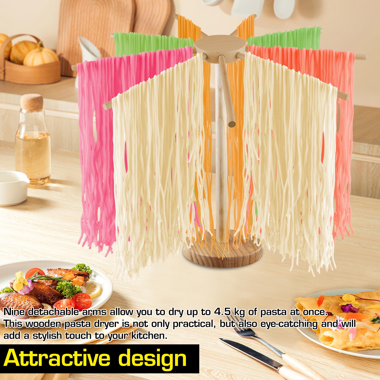SPORWAY Essiccatore per pasta in legno: asciugabasta pieghevole in legno con 9 bracci rimovibili fino a 4,5 kg, versatile e riutilizzabile, supporto per pasta fatta in casa