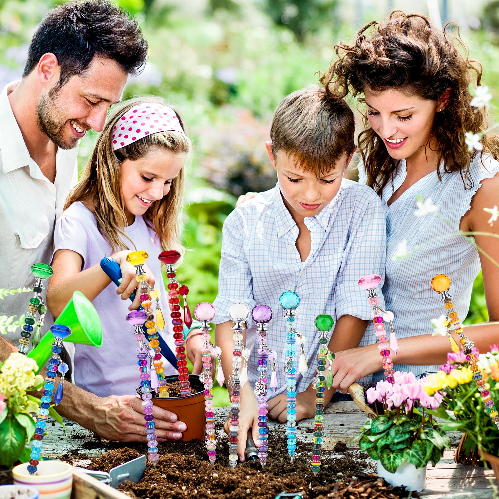 UFU 310-teiliges Perlen-Gartenstecker-Set – DIY-Feen-Zauberstab-Gartenpfahl-Perlen-Set mit 252 bunten Sortimenten, Perlen mit großem Loch, 12 Gewindestangen, Kristall-Stopper Oben und Anhänger für