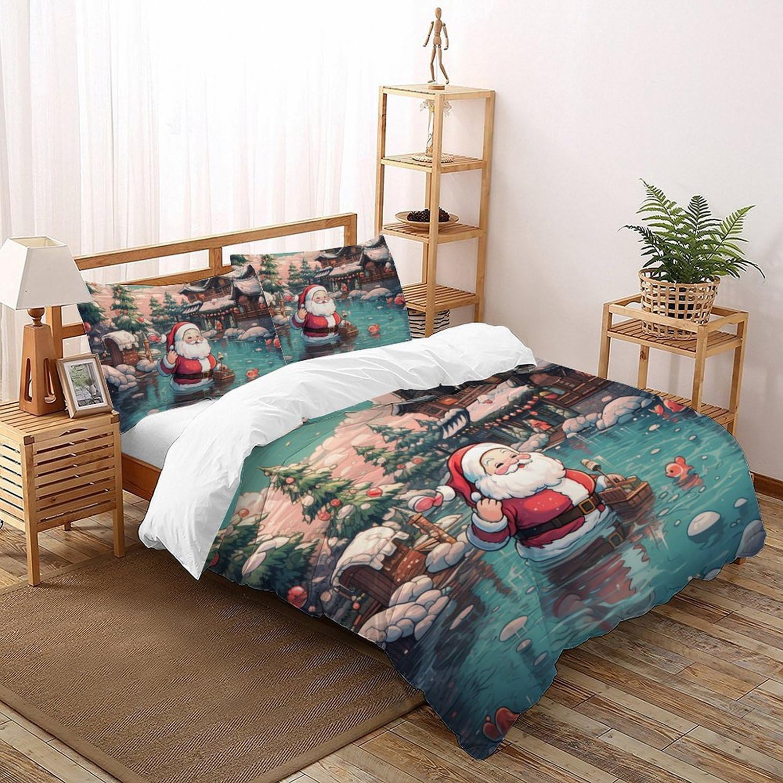 Housse de couette Père Noël 260x220 cm avec 2 taies d'oreiller pour lit Super King