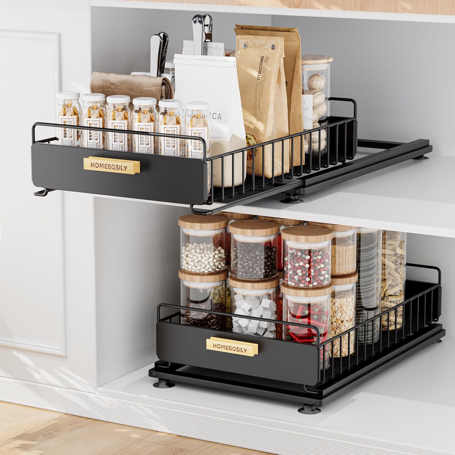 HOMEBOSILY Under Sink Organizer, 2 Pack Pull Out Kitchen Cabinet Organizer, Mute Slide-Out Under Sink Organizers and Storage, Metal Kitchen Bathroom Organizers and Storage Shelves, Black