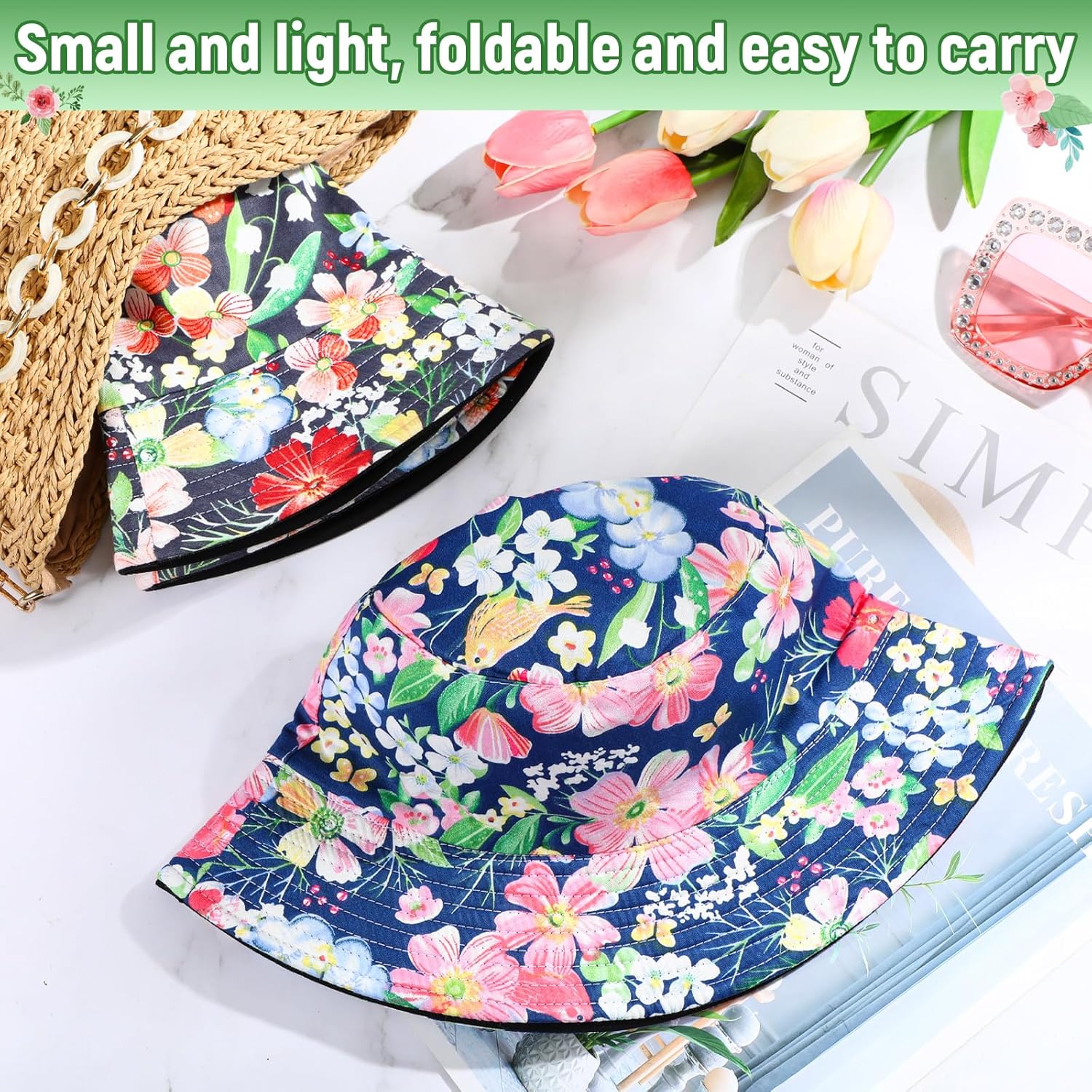 2 Pieces Unisex Lemon Pattern Cotton Bucket Hats Reversible Fisherman Cap for Casual Travel Beach - Image 3