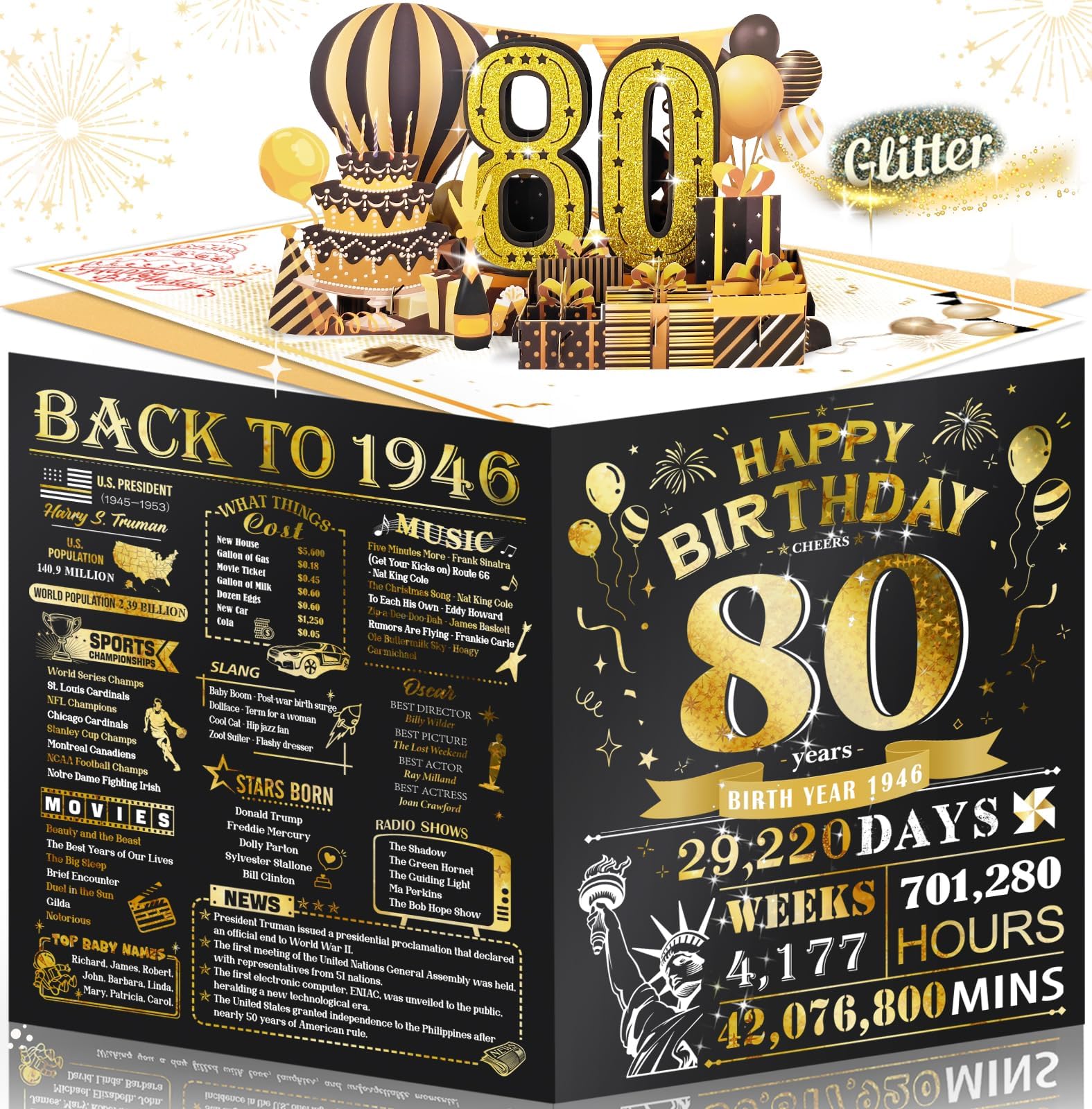 80th Birthday Card for Men Women, 3D Pop Up & Large 80th Birthday Gifts for Him Her, Back to 1946 Happy 80 Year Old Birthday Decorations for Mom Dad Grandma Grandpa Nephew, Black Gold