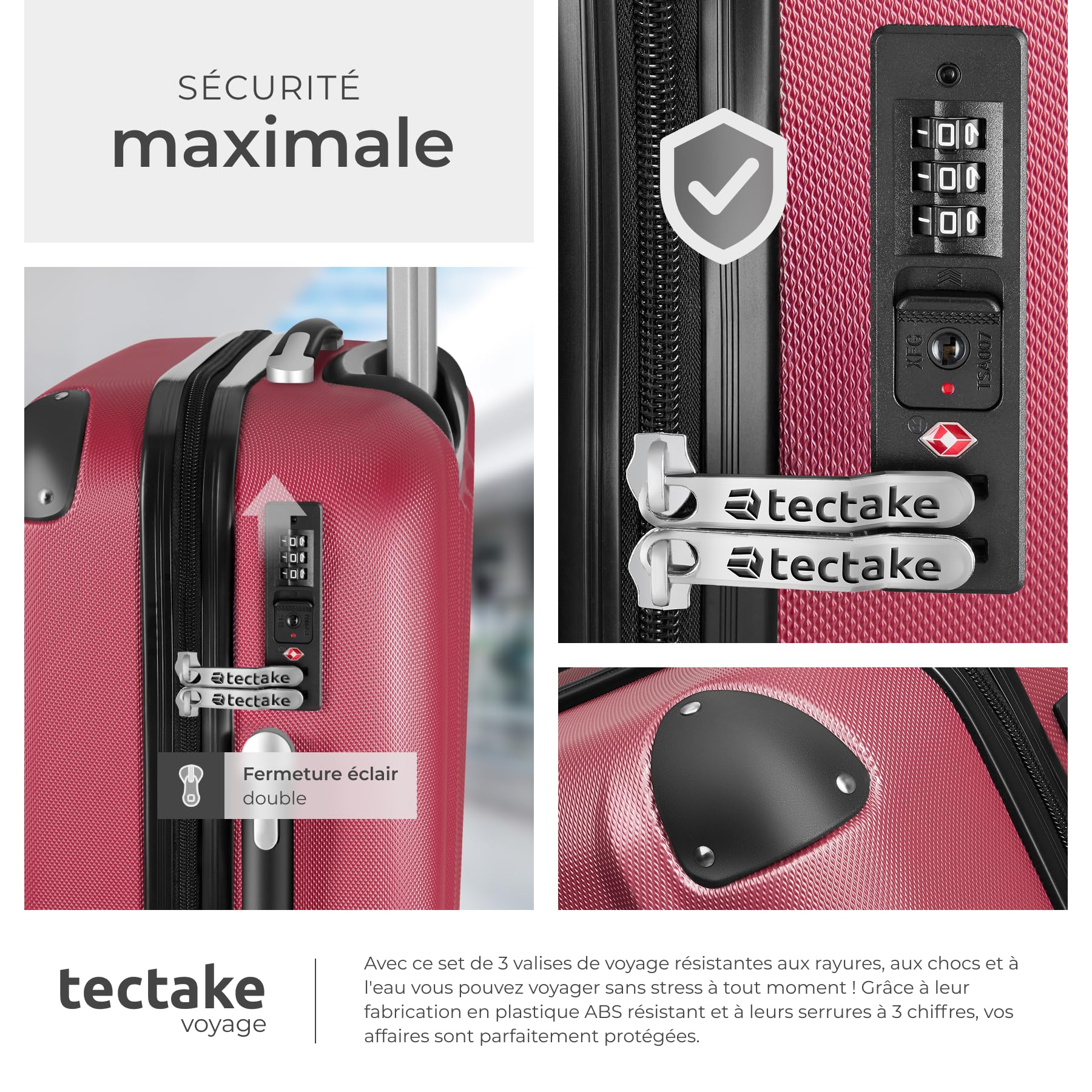 tectake® Set de Valises de Voyage 3 Tailles Valise Grande Taille, Cabine et Petite Valise Sacs de Voyage Valises Maternité ABS avec roulettes Pivotantes 360° Cadenas Poignée télescopique