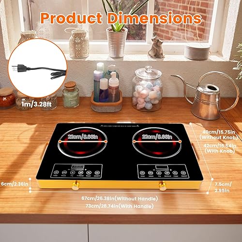 Miniatura 4 de Placa eléctrica de cerámica doble de 7000 W, estufa de encimera de doble quemador, placa infrarroja con 11 niveles de potencia, temporizador de 0 a