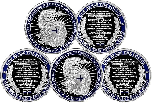 5 Pack Saint Michael Police Officers Challenge Coin God Bless The Police Appreciation Gifts for Law Enforcement Thin Blue Line Police Coin