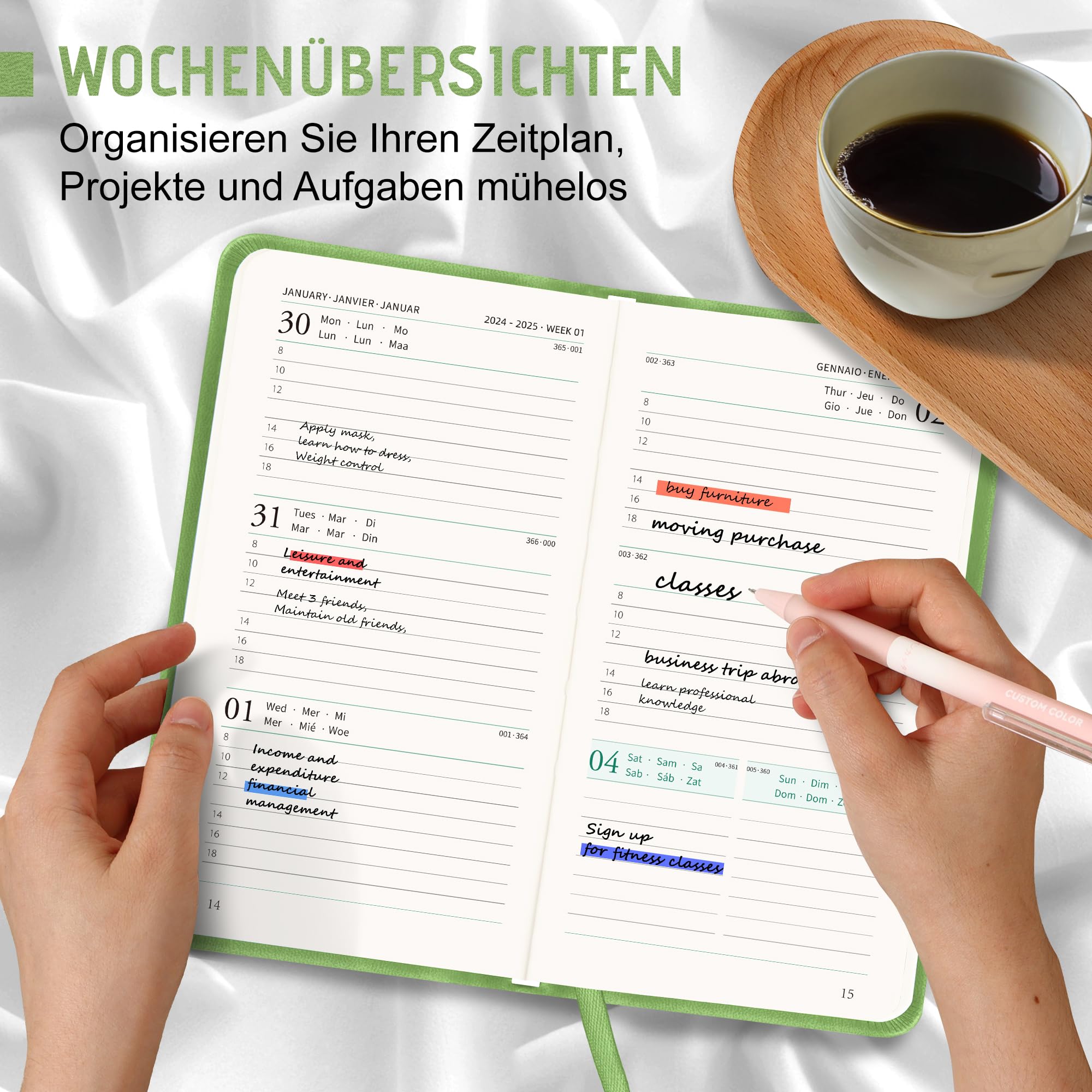 Jokisa Agenda Settimanale 2025 Tascabile, Agenda 2025 Piccola 1 Settimana 2 Pagine, Planner 2025 con Chiusura a Elastico e Segnalibro, circa A6 (16,5 x 9,5 cm), Gen.2025-Dic.2025