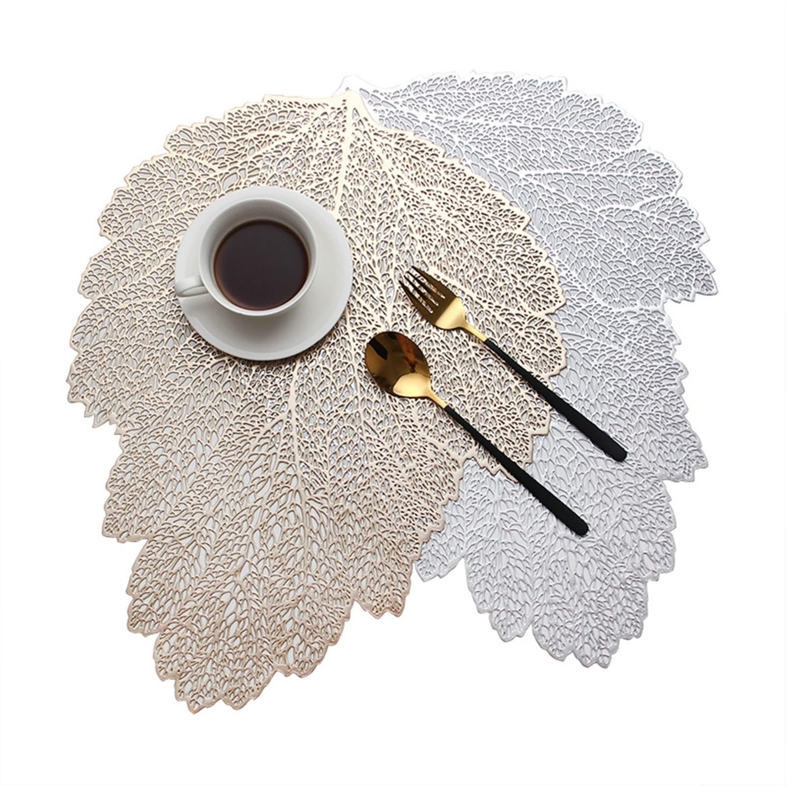 Placemat - Set di 8 tovagliette dorate a forma di foglia, 36 x 47 cm, per cucina e sala da pranzo