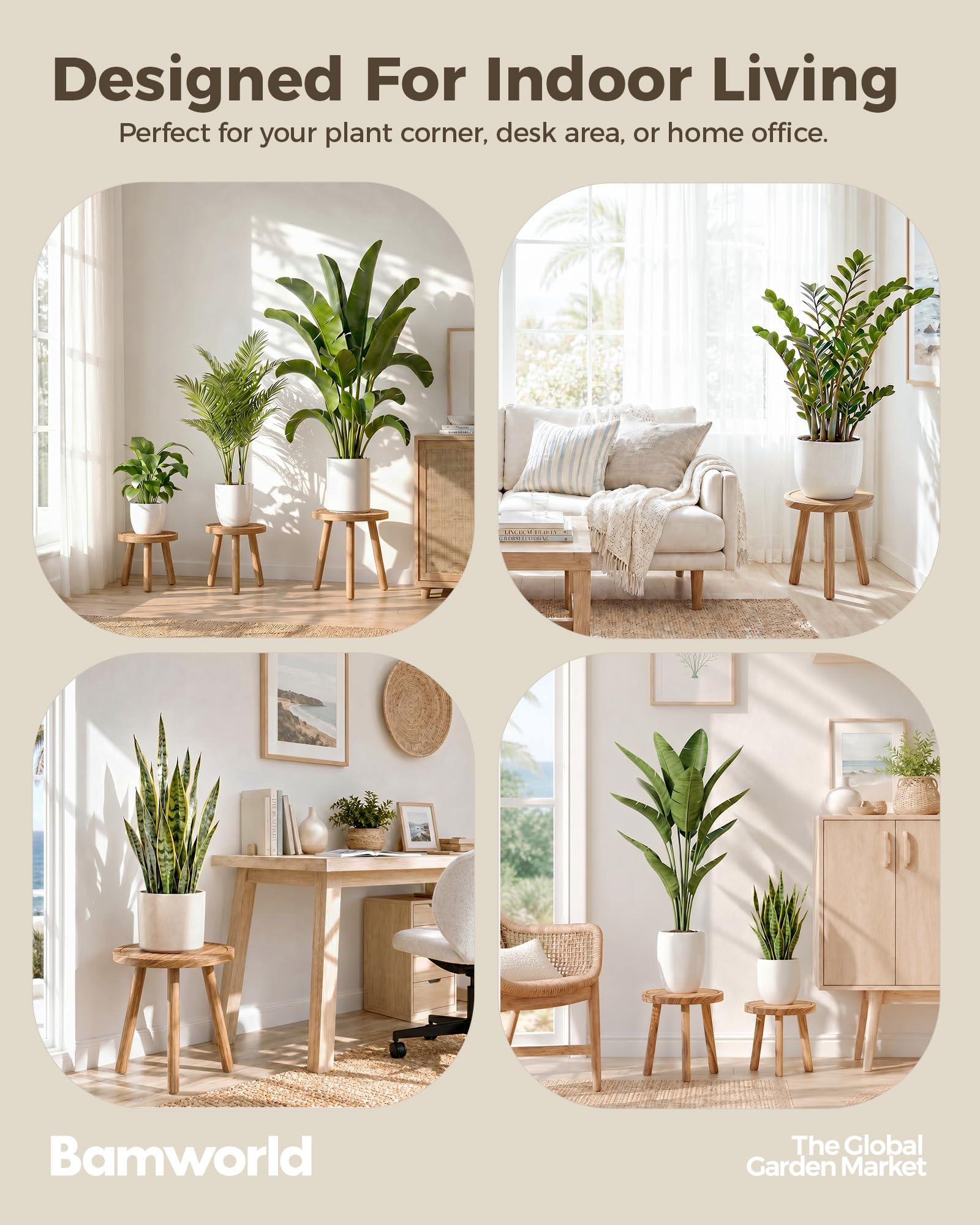 Bamworld Supporto per Piante da Interno, Confezione da 3 Supporti per Piante Singole, per Più Piante, ad Angolo, in Legno, per Patio, Giardino, Balcone, Soggiorno, Camera da Letto (Natura)