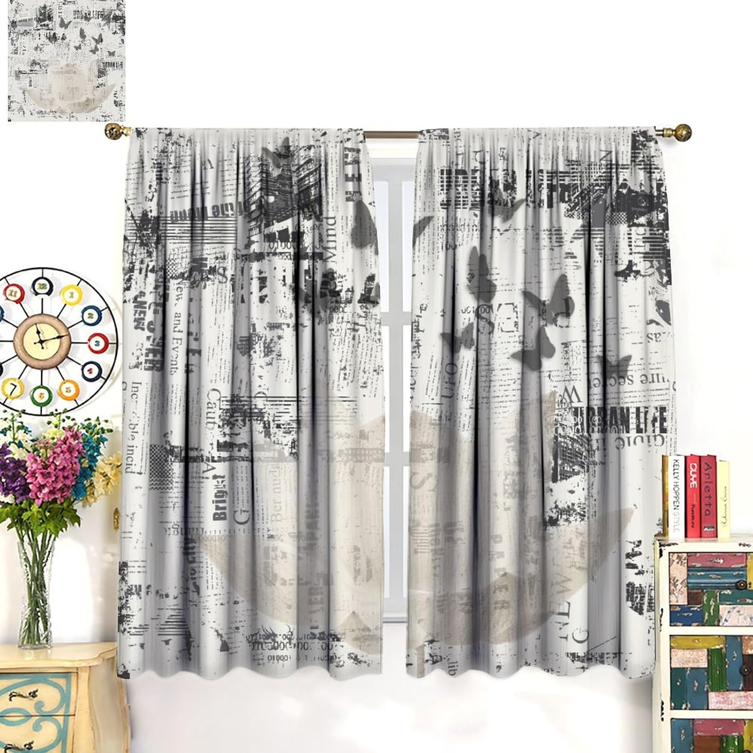 Retro Lotus Newspaper Curtain Grey Zen Flower and Butterfly with Retro Newspaper Background Rod Pocket Curtains Bedroom Living Room Decor 42" W X 54" L