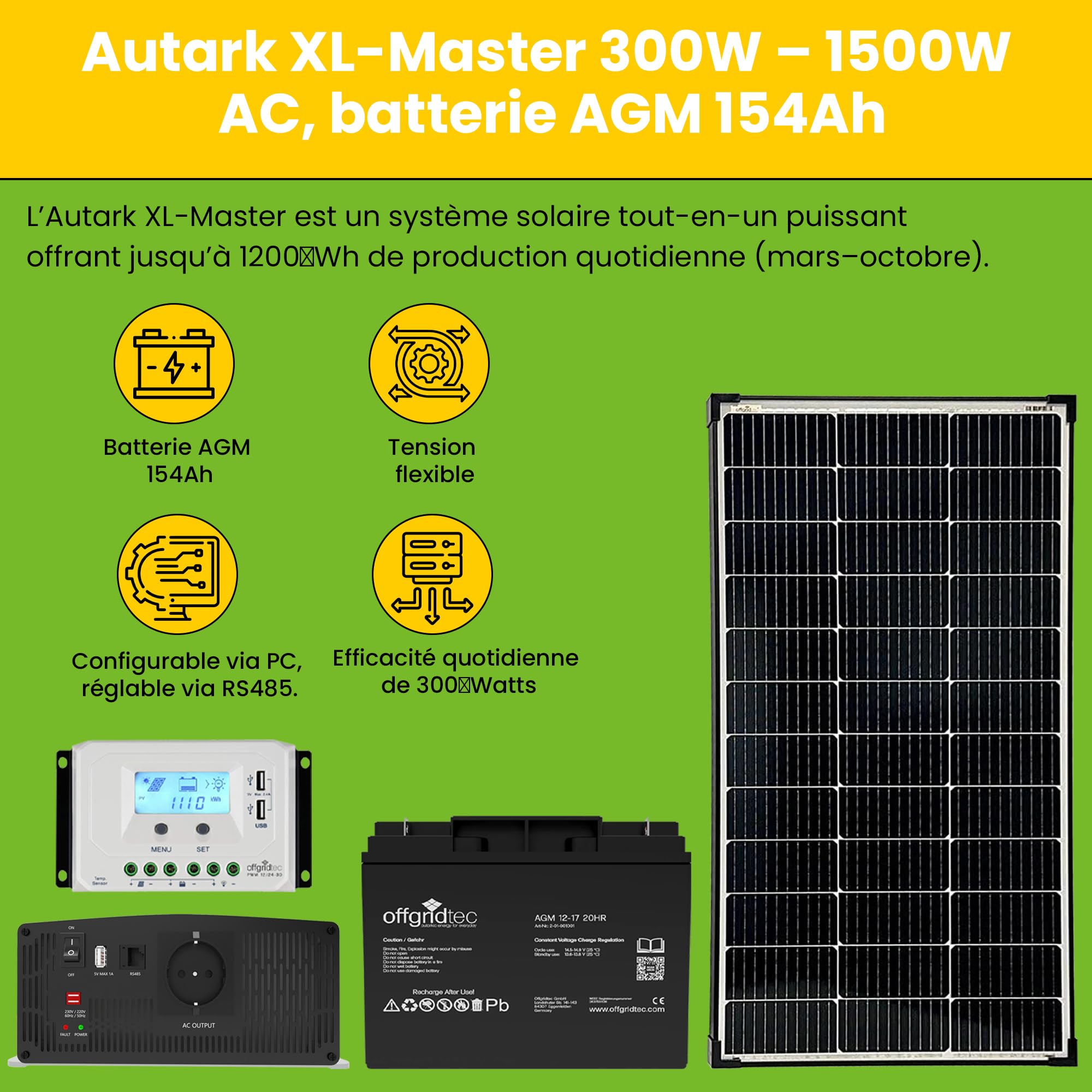 Kit d'installation solaire auto-suffisant Offgridtec XL-Master de 300 Watts - Puissance de 1 500 Watts CA hors réseau pour 12 V/230 V