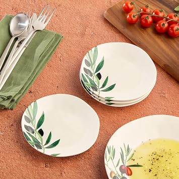 Olivia 6-Inch Stoneware Canape Plate Set of 4 - Mediterranean Olive Branch Design with Vibrant Green and Earthy Tones, Perfect for Appetizers, Snacks, and Desserts