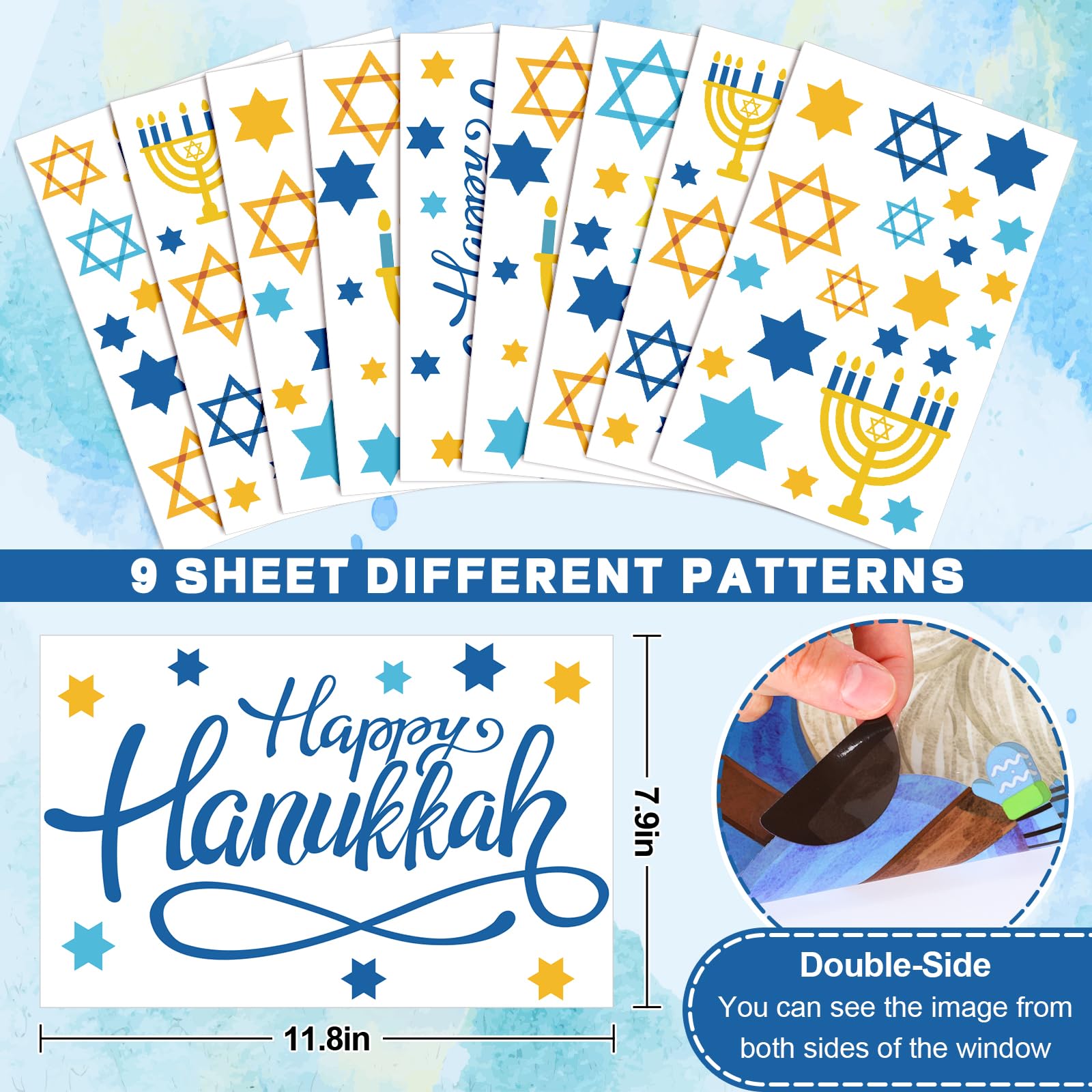 Whaline 9 Sheet Hanukkah Window Clings Menorah Star Window Decals Chanukah Static Window Stickers Decor for Home School Party Supplies, 7.8 x 11.8 Inch