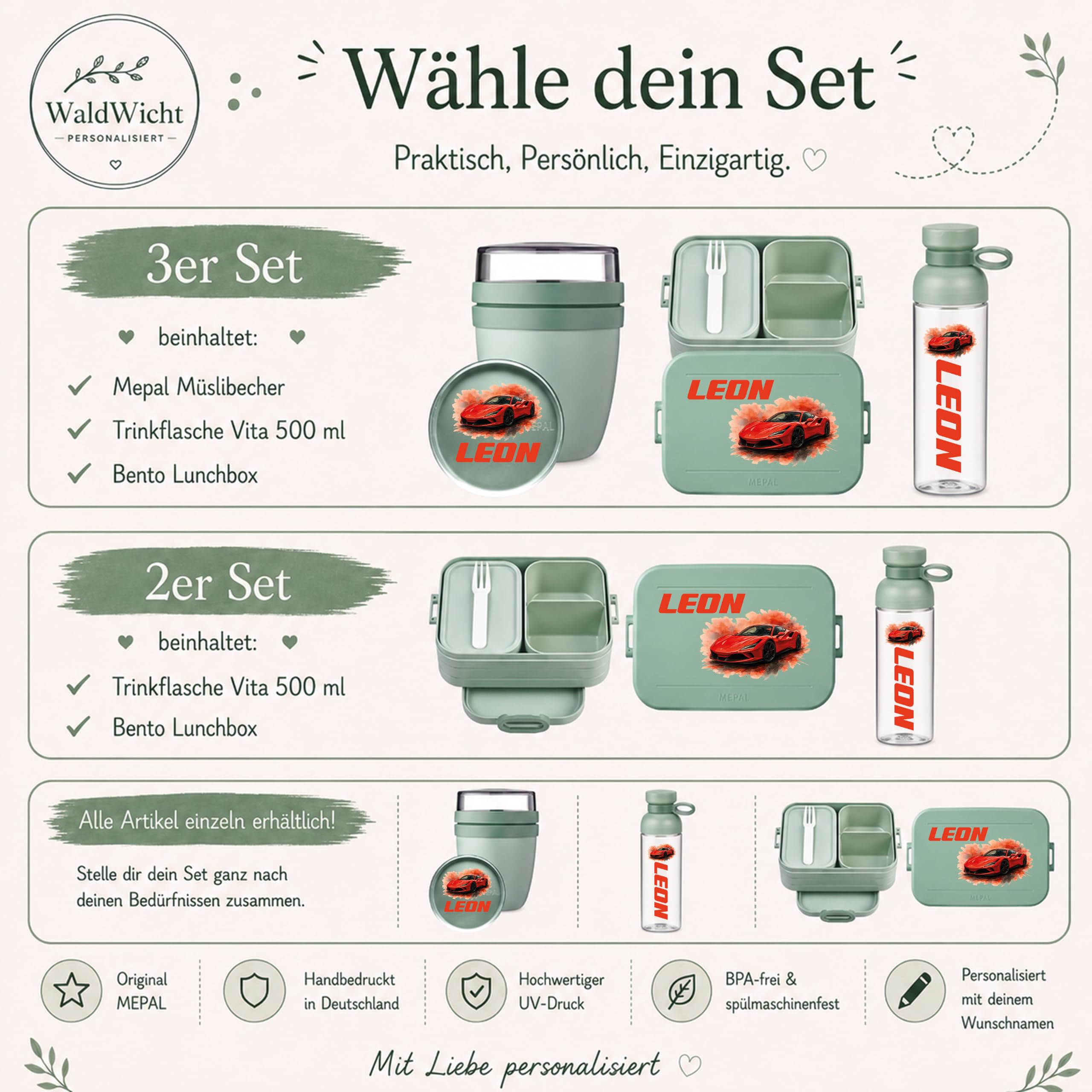 Mepal Personalisierte Brotdose Trinkflasche | Rennwagen Sportwagen Auto | Geschenk Einschulung Mädchen Junge Kitastart Schule Schulanfang Lunchbox Flasche Bento Box Vesperdose Kindergarten Schulkind
