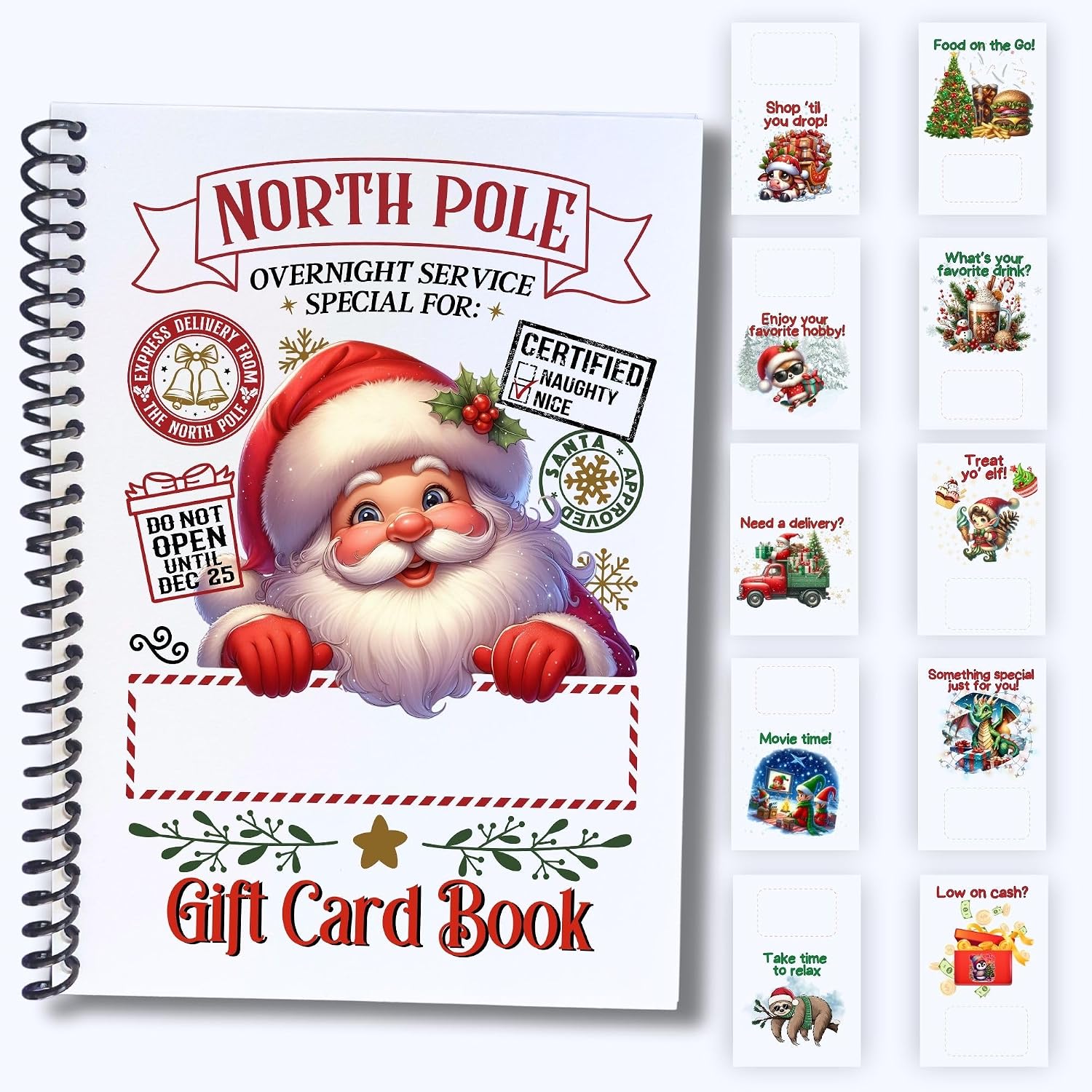 Christmas Gift Card Book 5x7 inches with Stickers, 10 Page Soft Cover Spiral Bound with Protective PVC Cover, and 20 Double Sided Sticky Dots - 8 Different Cover Design Options (Santa North Pole)