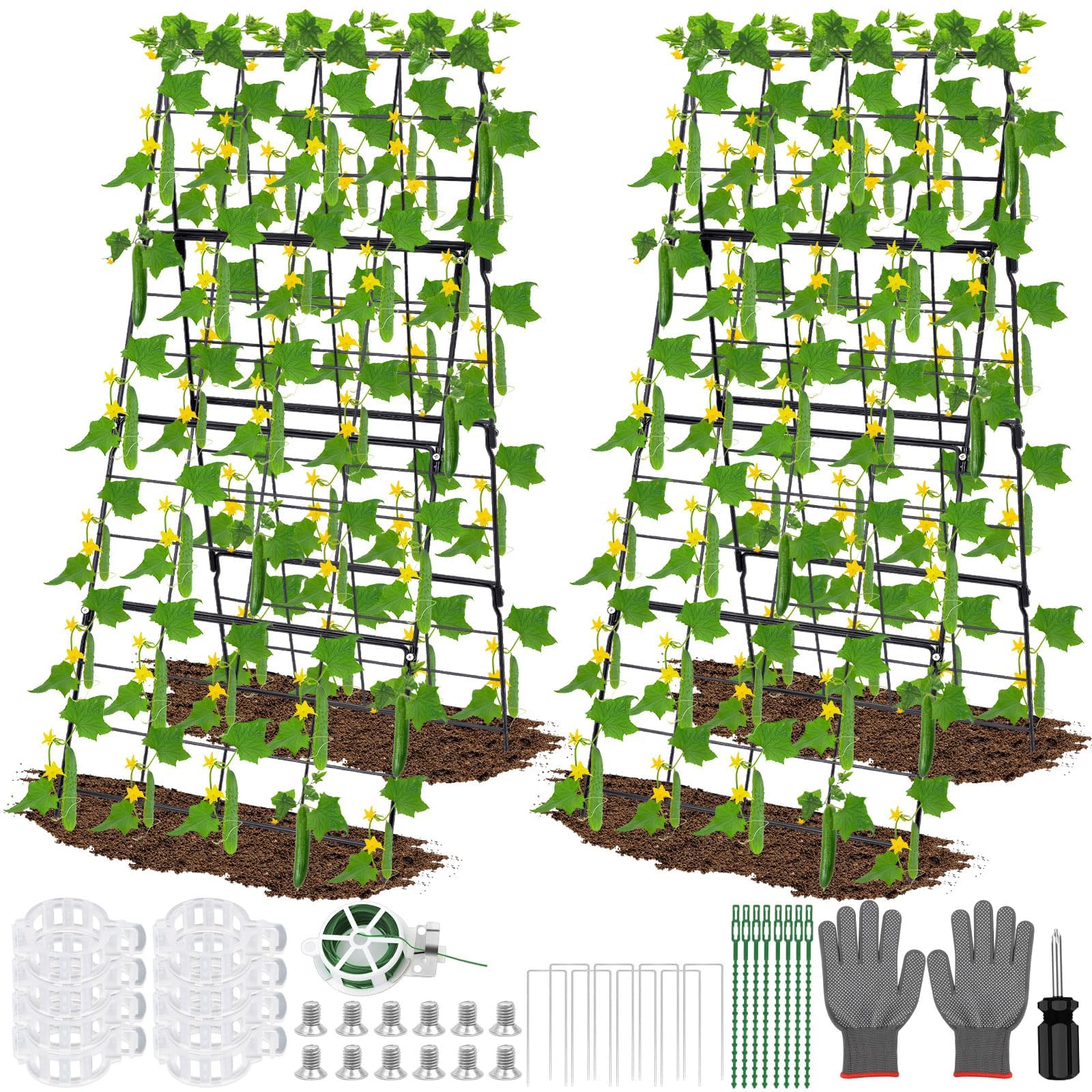 2 Pack Cucumber Trellis for Raised Bed, 17" x 42" Metal A-Frame Trellis Foldable Garden Vegetable Trellis with Plant Support Clips Ties Stakes Gloves for Beans Peas Tomatoes Climbing Plants Outdoor