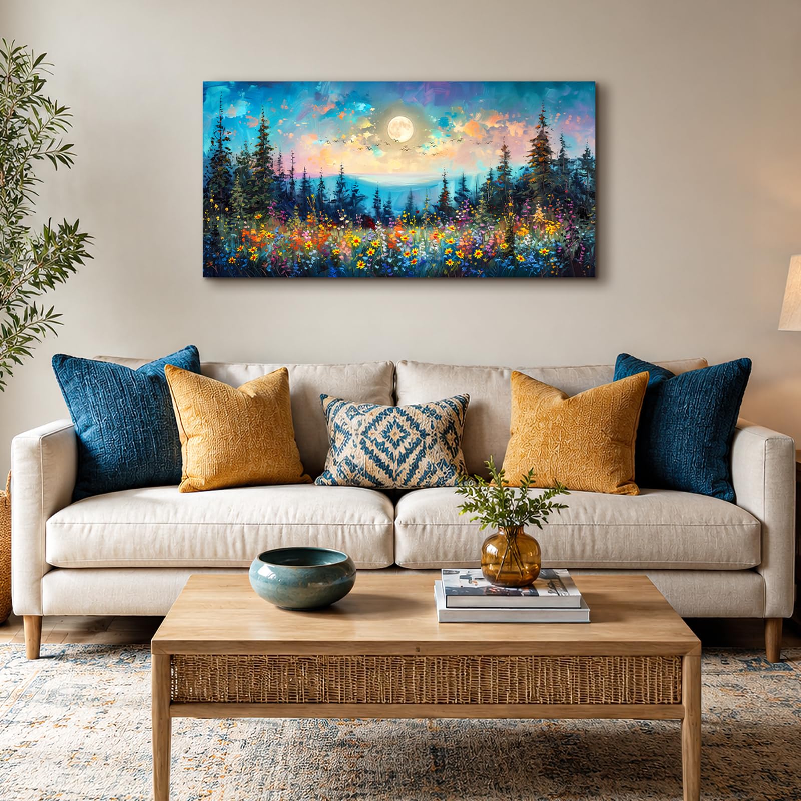 SERIMINO Wandbilder Wohnzimmer Groß, Bunte Landschaft Leinwand Bilder, Modern Wald GemäLde, Natürliche Aesthetic Wildblume Wanddekoration für Schlafzimmer Esszimmer Lobby Flur Büro 50x100 cm