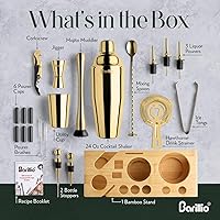 Vista 5 de Barillio Gold Bartender Kit - Stainless-Steel Cocktail Shaker Set w/Bamboo Stand - Mixology Bar Tools w/Drink Shaker, Mixer Spoon and Muddler for