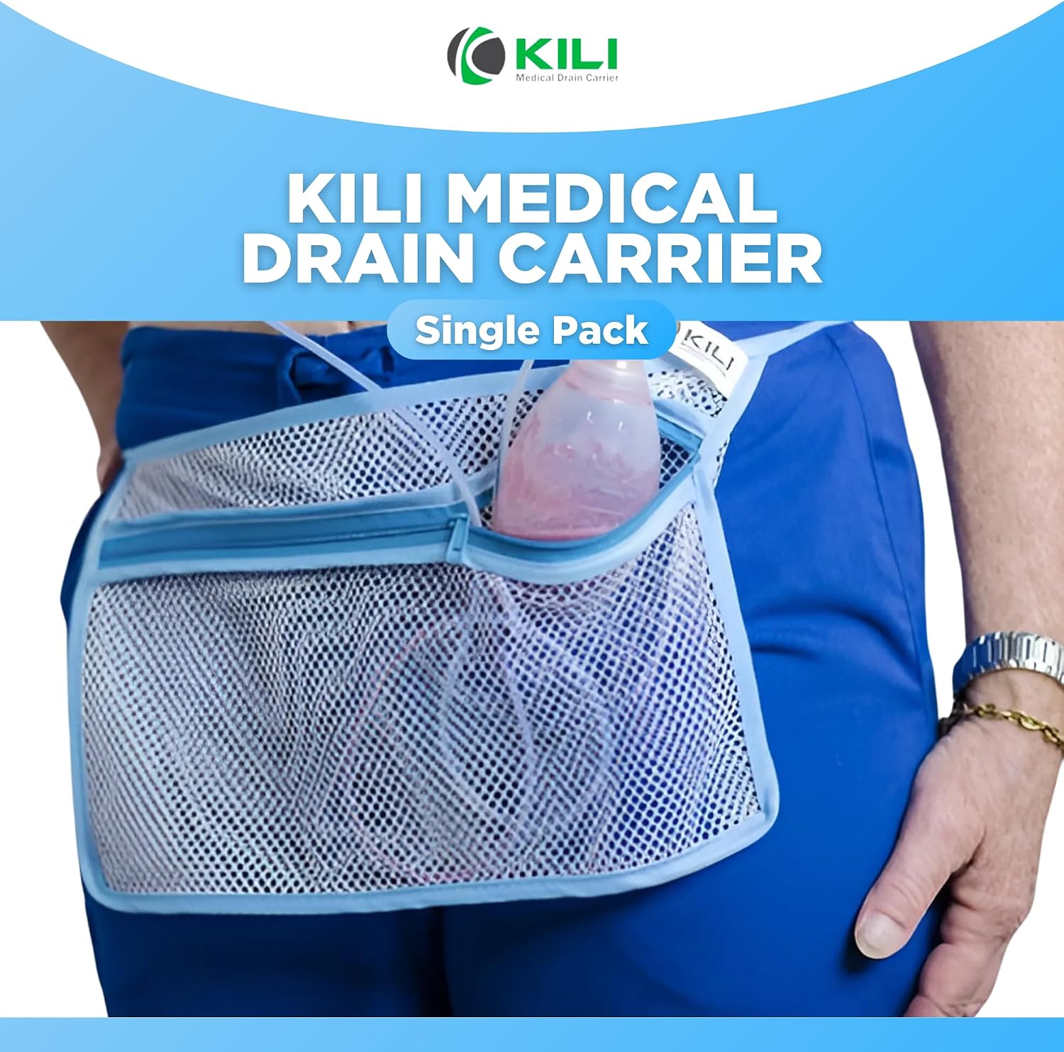 Kili JP Drain Holder Mesh Pouch, Surgical Drain Holder and Drain Belt for After Tummy Tuck and Breast Surgery, JP Drain Holder for Shower, Post Surgery Drain Holder for Mastectomy Recovery, 4 Drains