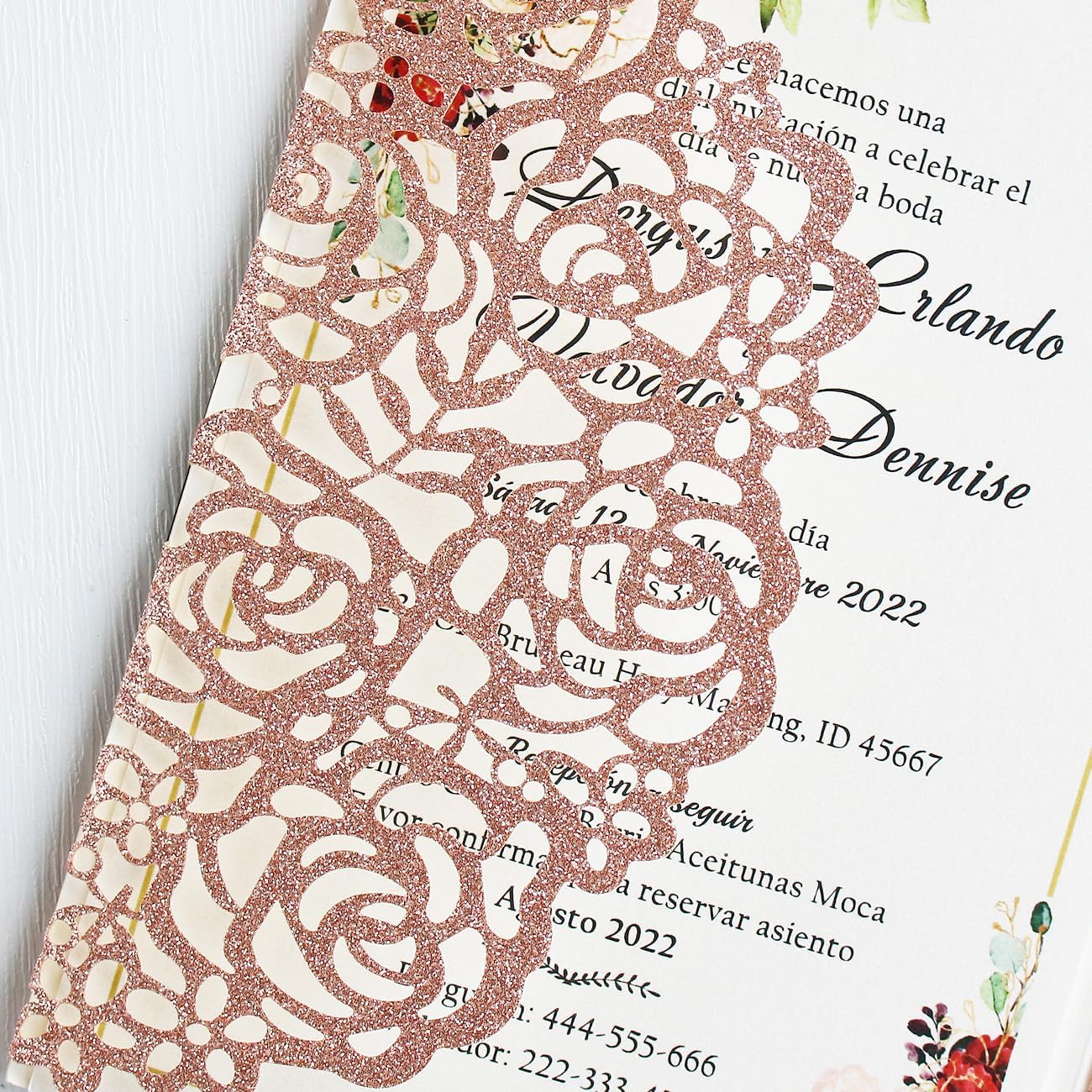 50PCS Personalized Rose Gold Glitter Wedding invitations Kit 5.1 x7.1 inch Laser Cut Hollow Rose Floral Pocket With Ribbon Invitation for Quinceanera Wedding Invite (Rose Gold Glitter)