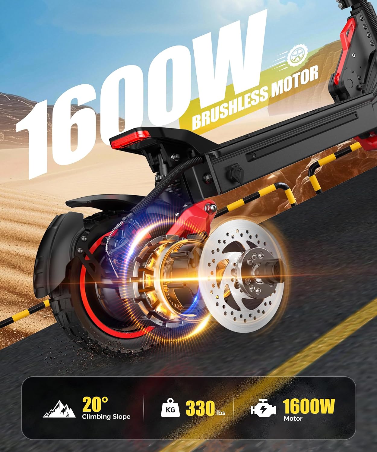 OOTD J15 MAX Electric Scooter with 1600W brushless motor, capable of 20-degree climbing slope and 330 lbs max load.