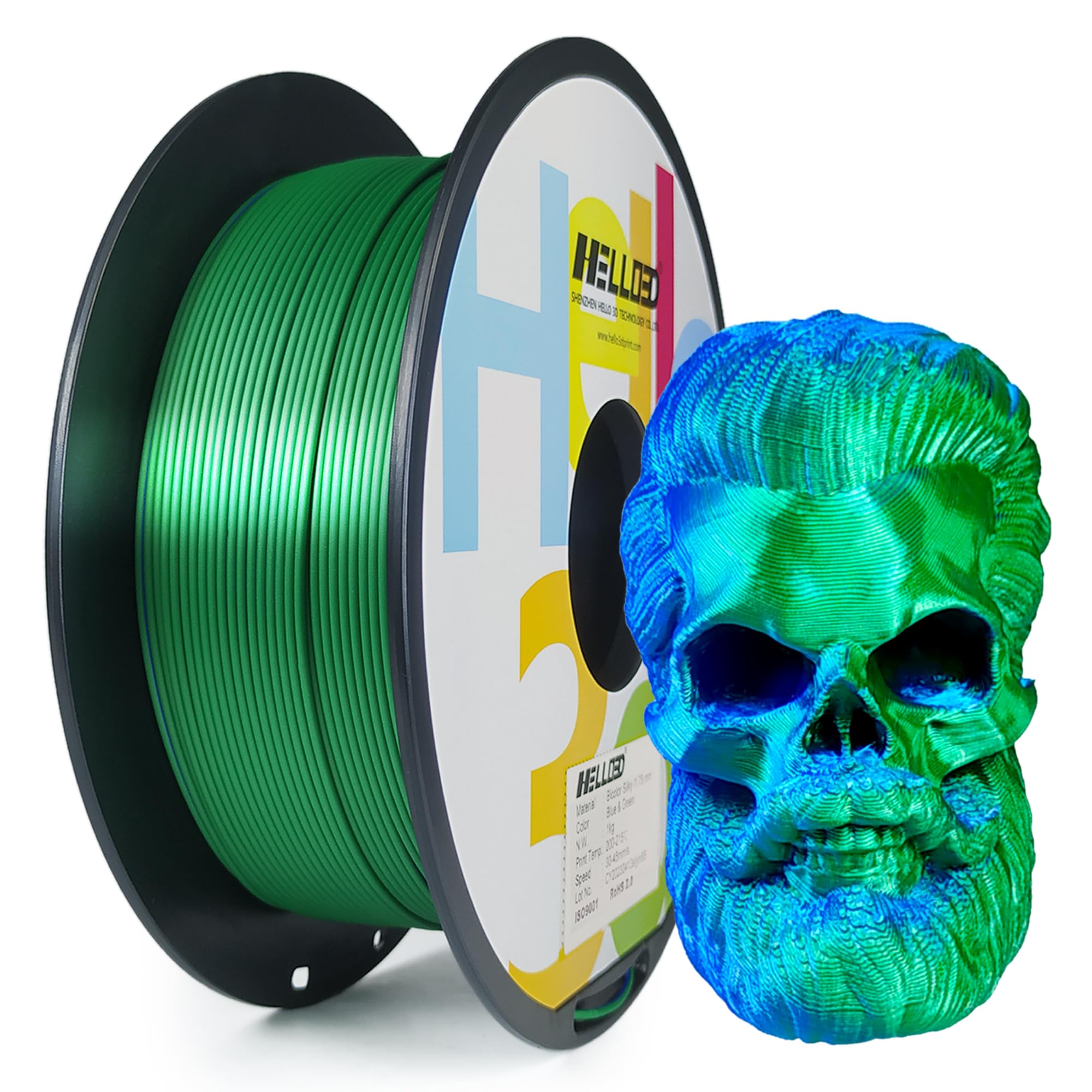 HELLO3D Silk Dual Color PLA 3D Printer Filament, Glossy Surface and Silky Touch, Dimensional Accuracy 1.75mm +/- 0.05, Filament Weighs 1 KG (2.2 lbs), Blue Green