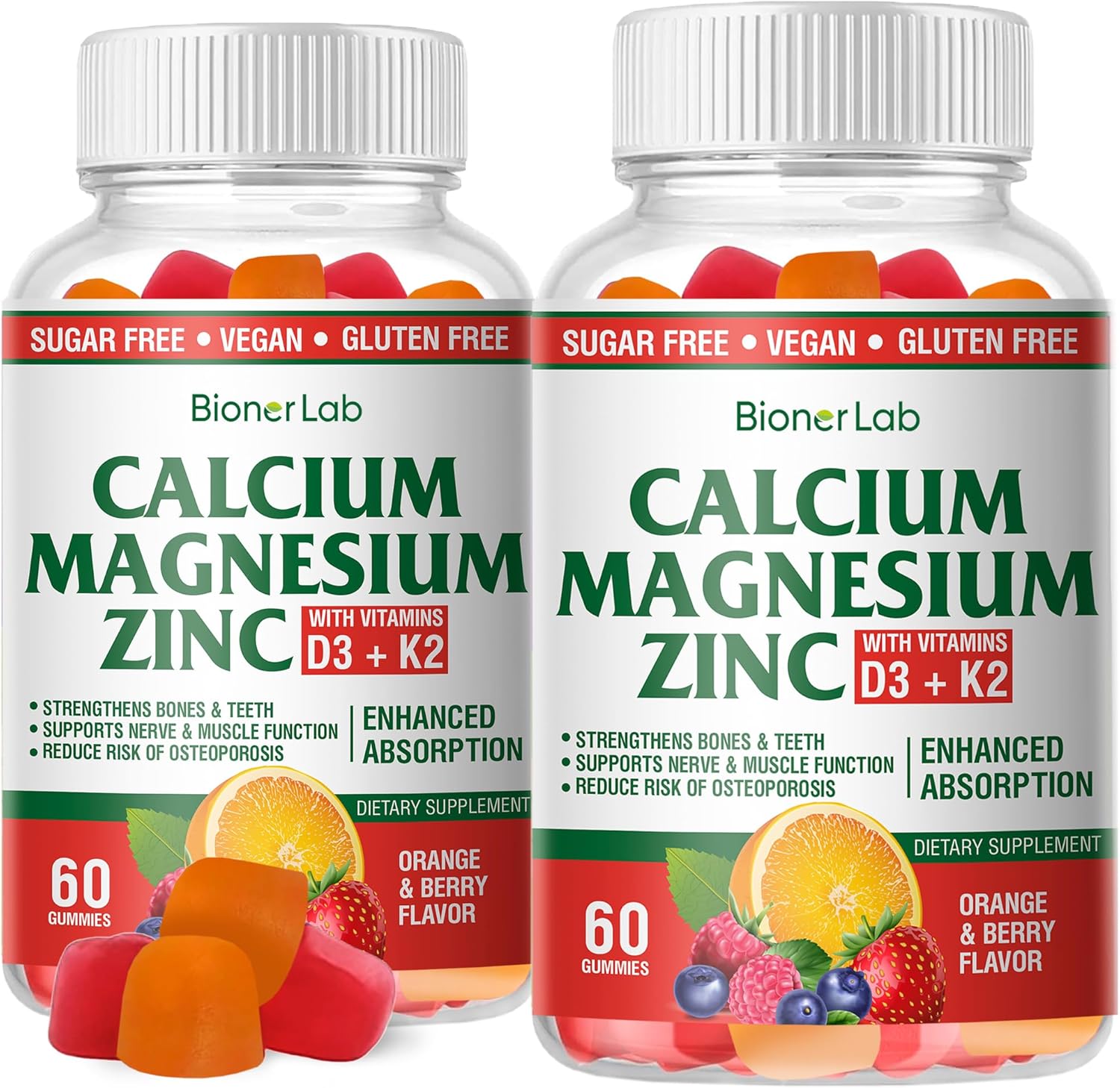 Calcium Magnesium Zinc Gummies with Vitamin D3 & K2 - High Potency Enhanced Absorption - Orange and Berry Flavored