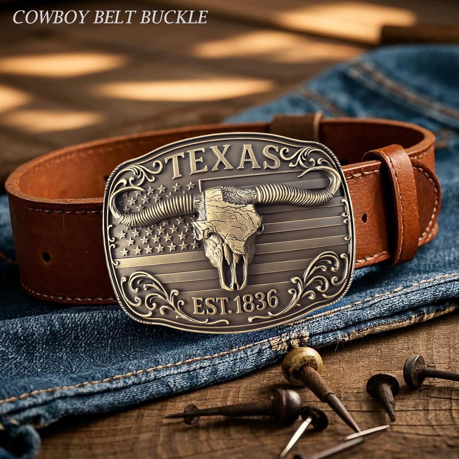 Cowboy Belt Buckle for Men Women Vintage Rodeo Texas Map 1836 Longhorn bull Western Belt Buckles - Image 7