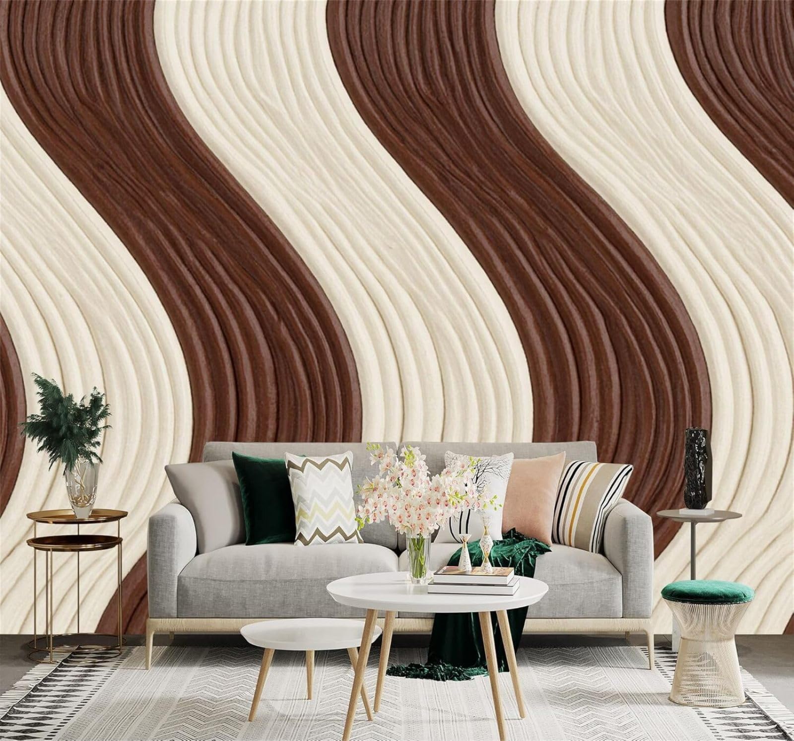 XLMING Brown Beige Wavy Lines Abstract Pattern & Texture 3D Wallpaper Silky Texture Home Study Office Grey Dining Room Sofa Bedroom Living Room TV Backdrop-350cm×256cm