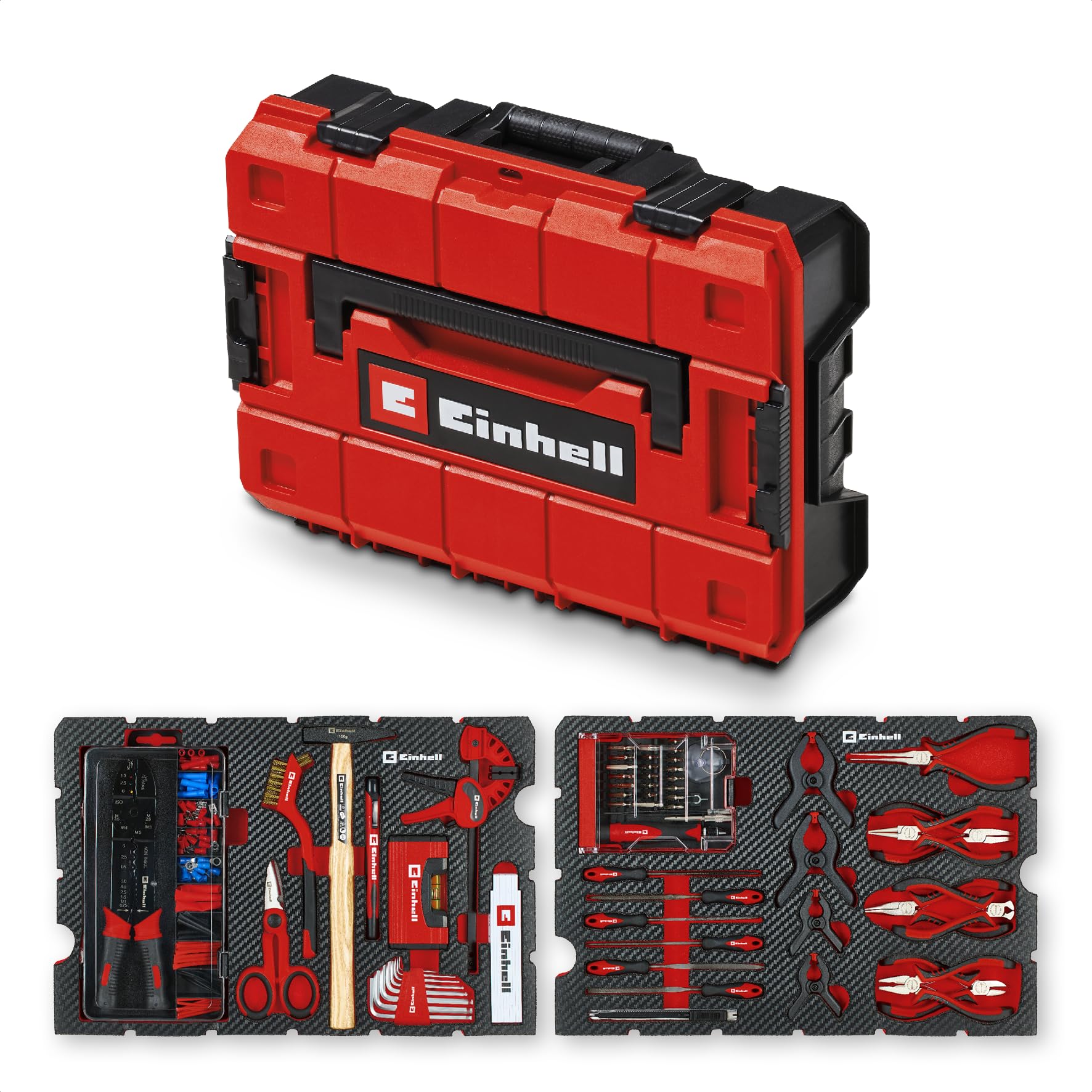 Original Einhell E-Case coffret à outils 153 pièces hobby (DIY, kit réparation électronique, pinces d’électricien, set de cosses de câble, brosse métallique main, limes, serre-joints, coffret système)