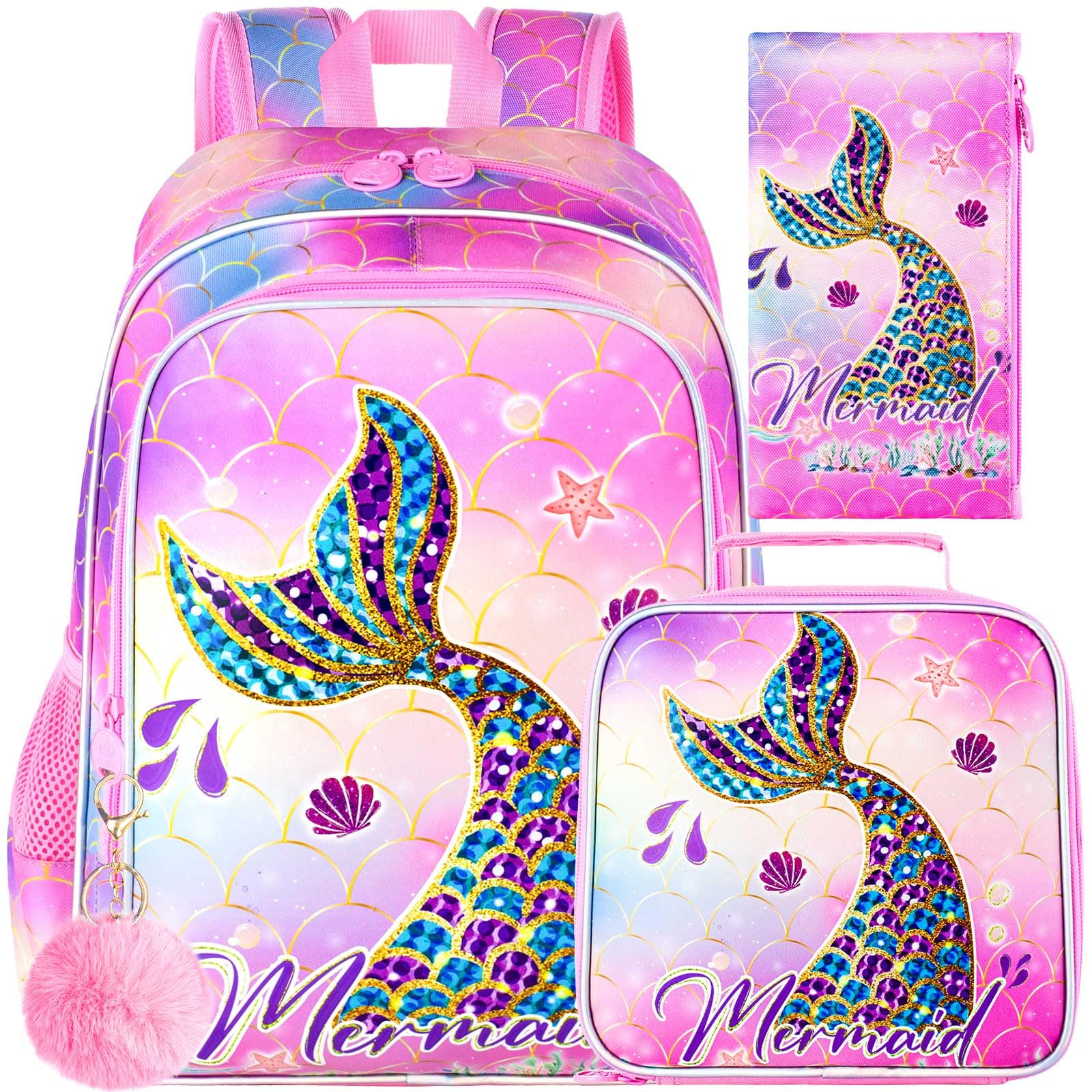 HPJGD 3PCS Mermaid Backpack, Water Resistant Girls Bookbag Set with Lunch Box，Cute Kids Elementary School Bag for Preschool Toddler