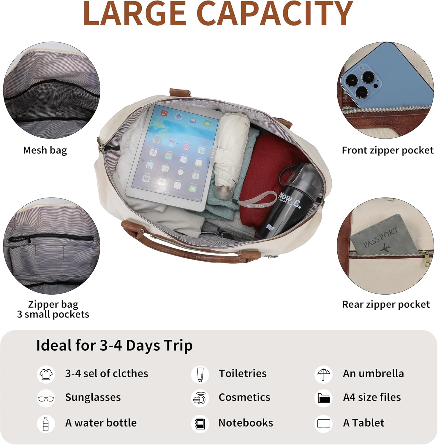 Oeihuivt Weekender Bags for Women - 21 Inch Large Travel Duffel Bag 2-Piece Set with Shoe Compartment, Heavy-Duty Canvas Leather Carry On Overnight Tote - Image 8