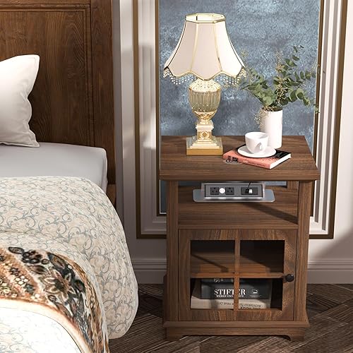 Miniatura 41 de Mesa auxiliar con estación de carga rápida, mesa auxiliar con 2 tomas de corriente y puertos USB, mesita de noche con almacenamiento semiabierto,