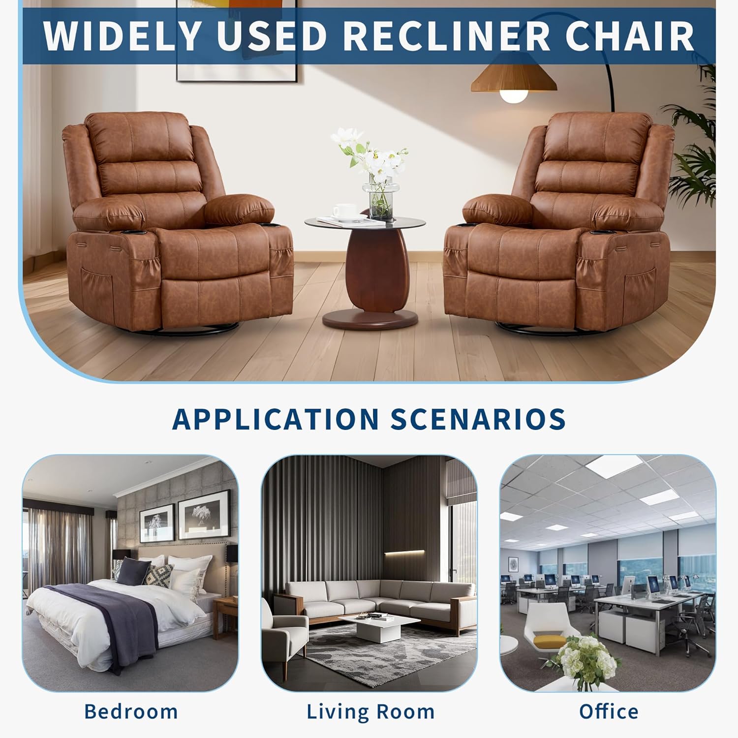 Rocking Recliner Chair for Adults PU Leather Wide 360° Swivel Rocker Recliner with Cup Holder Nursery Glider with Upholstered Deep Seat Lazy boy Chair for Living Room Brown