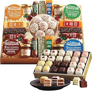 The Wisconsin Cheeseman 21 Favorites Food Gift Box with Assorted Summer Sausage Meats & Cheese Bricks w/Incredible Petits Fours Gourmet Mini Layer Cakes Dessert Cake Assortment Gift