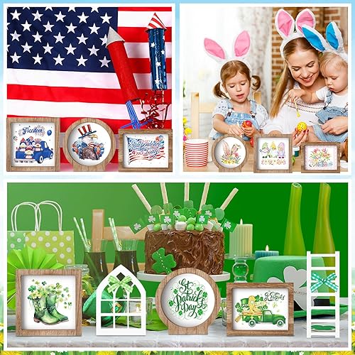 Miniatura 7 de Bencailor Juego de 48 piezas intercambiables de decoración de bandejas escalonadas de temporada, incluye marcos de madera con escaleras, tarjetas,