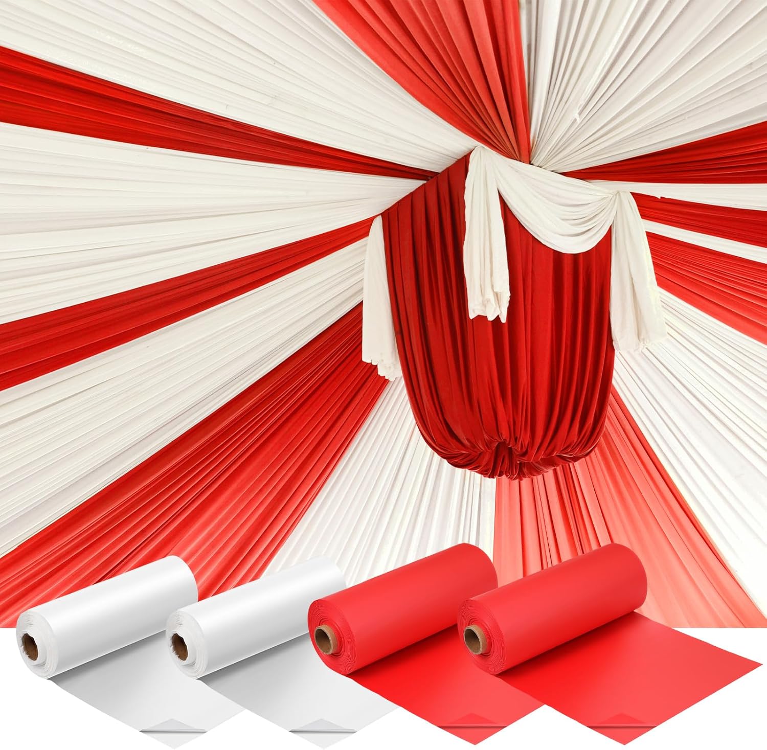 Moukeren 40'' x 100' Circus Tablecloth Roll Plastic Tablecloth Disposable DIY Carnival Tent Party Supplies for Big Top Tent Backdrop Curtains Ceiling Wall Drapes(White, Red,4 Roll) White, Red 4