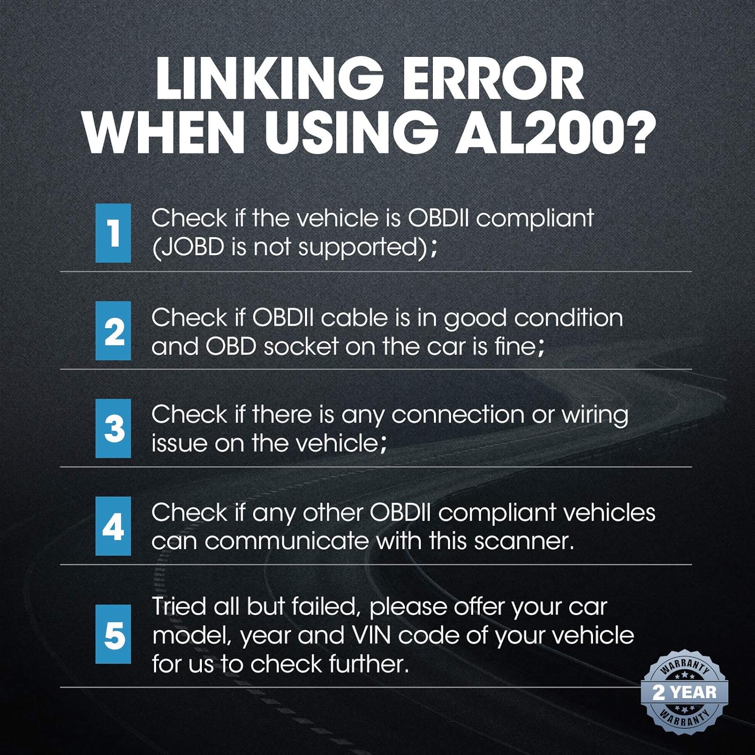 TOPDON AL200 displaying troubleshooting steps for 'Linking Error'